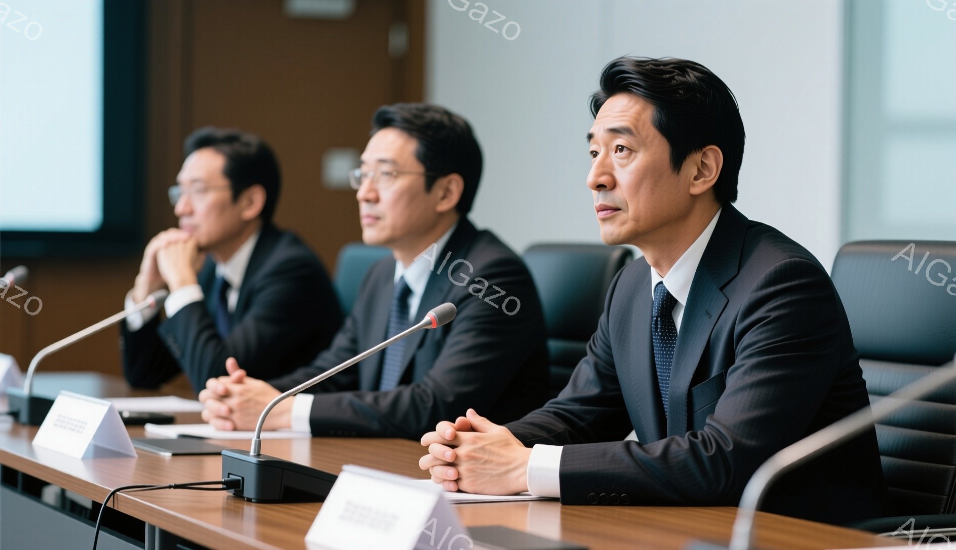 三人の男性がテーブルを挟んで座っており、全員が黒いスーツにネクタイ姿で、フォーマルな服装をしている。中央の男性は少し緊張した表情で、両手を組み、前方に視線を向けている。背景はシンプルで、マイクや名札が置かれた会議室のようであり、全体的に真剣で落ち着いた雰囲気が漂っている。