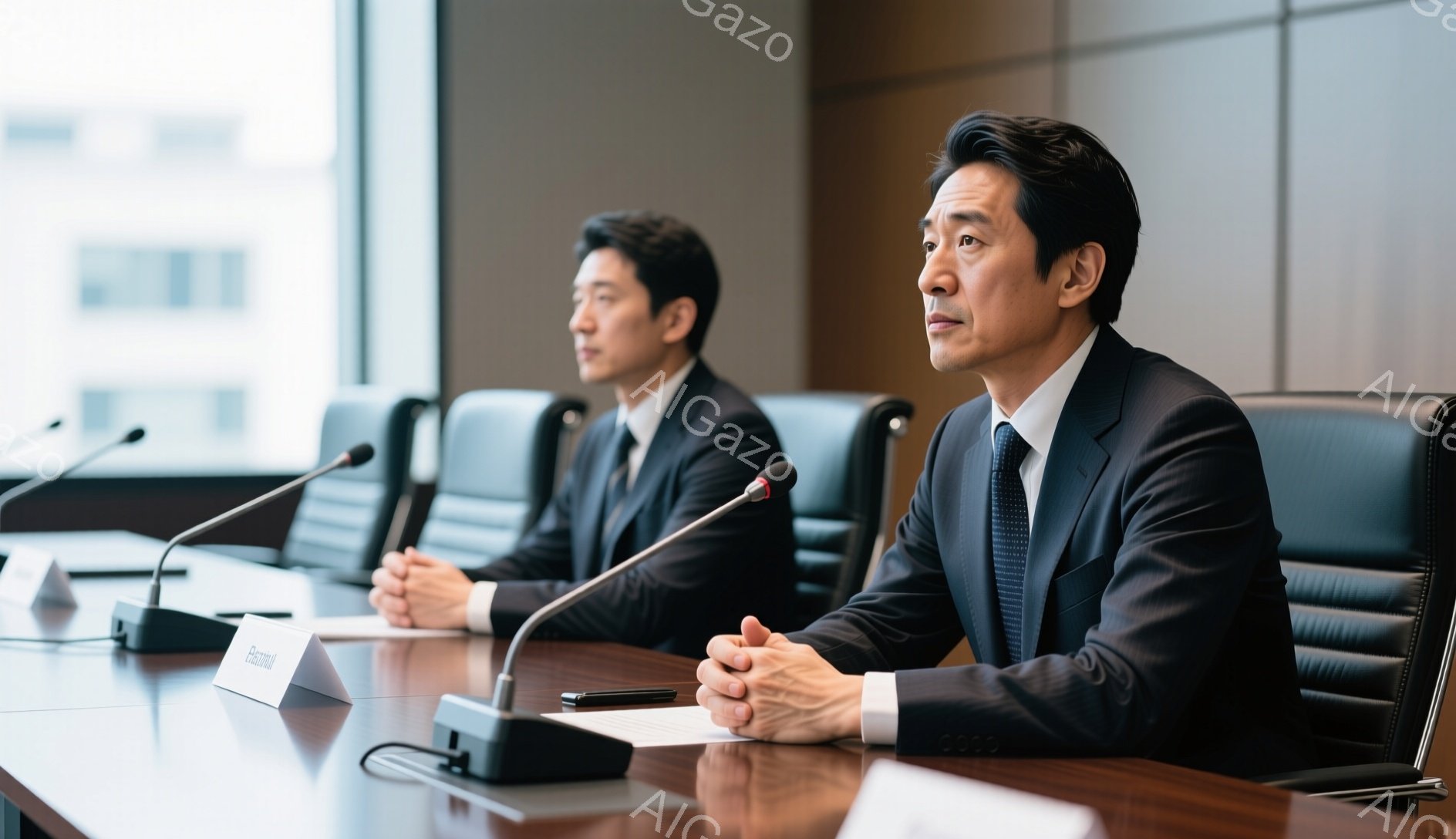 紺色のスーツにネクタイを締め、髪を後ろに撫でつけた男性が、講義室のような場所で座っています。彼は少し真剣な表情で前を見据え、両手を重ねて机に置いています。背景には、他の参加者の座る椅子と、窓から差し込む光が見え、全体的に落ち着いた雰囲気です。