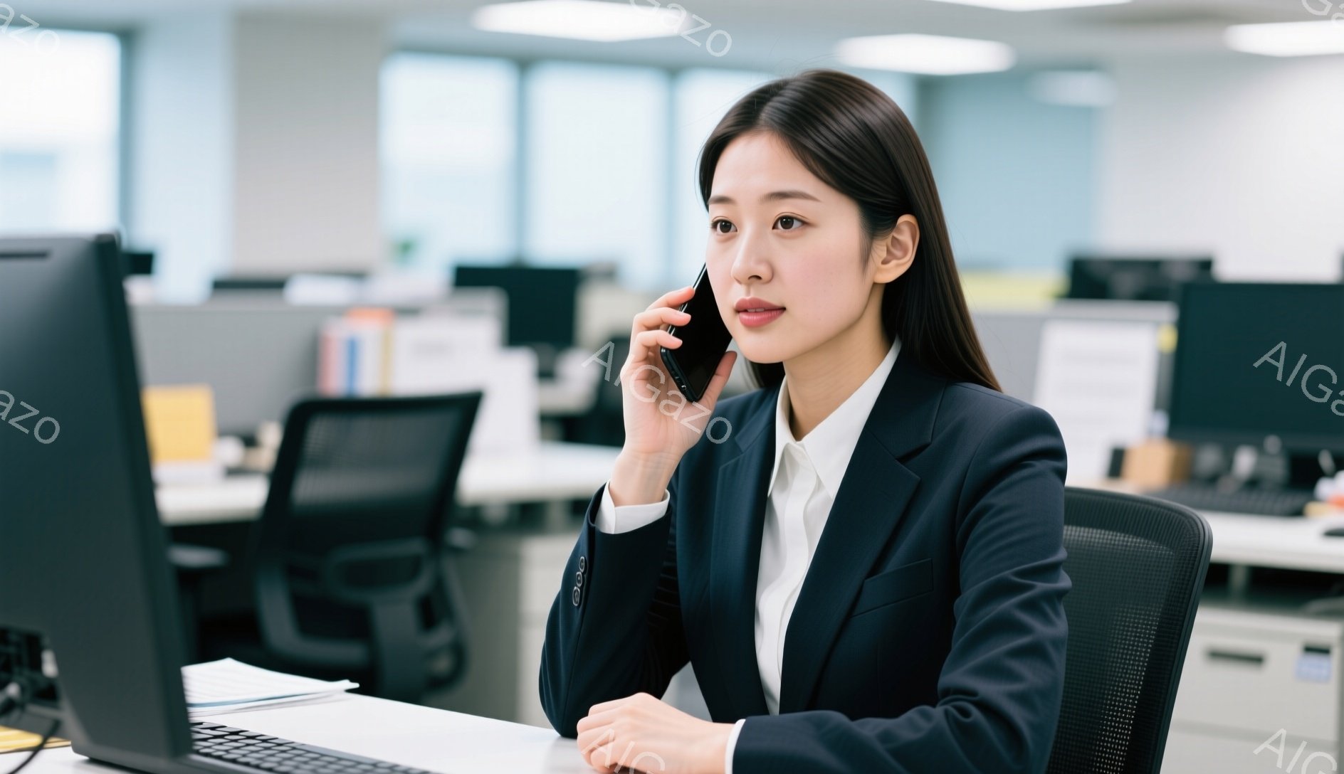 黒いジャケットと白いシャツを着た女性が電話をしている。彼女はオフィスでデスクに座っており、真剣な表情で通話を続けている。背景には他のデスクとオフィス機器が見え、全体的にビジネスライクで落ち着いた雰囲気である。