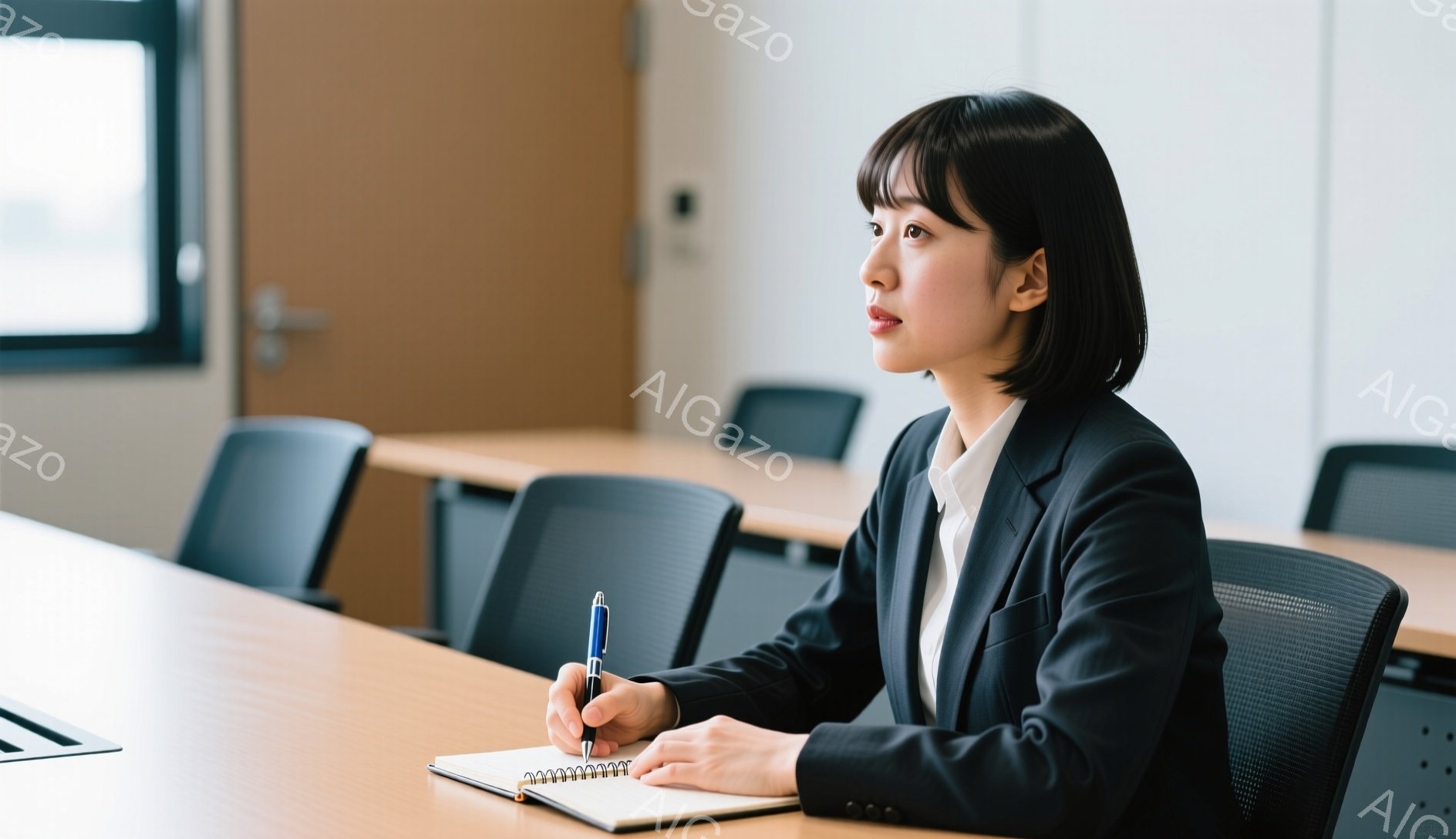 黒いジャケットと白いシャツを着た女性が、木のテーブルに座り、ノートに青いペンで何か書き込んでいる。彼女は少し横を向き、真剣な表情で遠くを見つめているように見える。背景には、整然と並べられた黒い椅子と白い壁があり、全体的に落ち着いた、集中した雰囲気である。