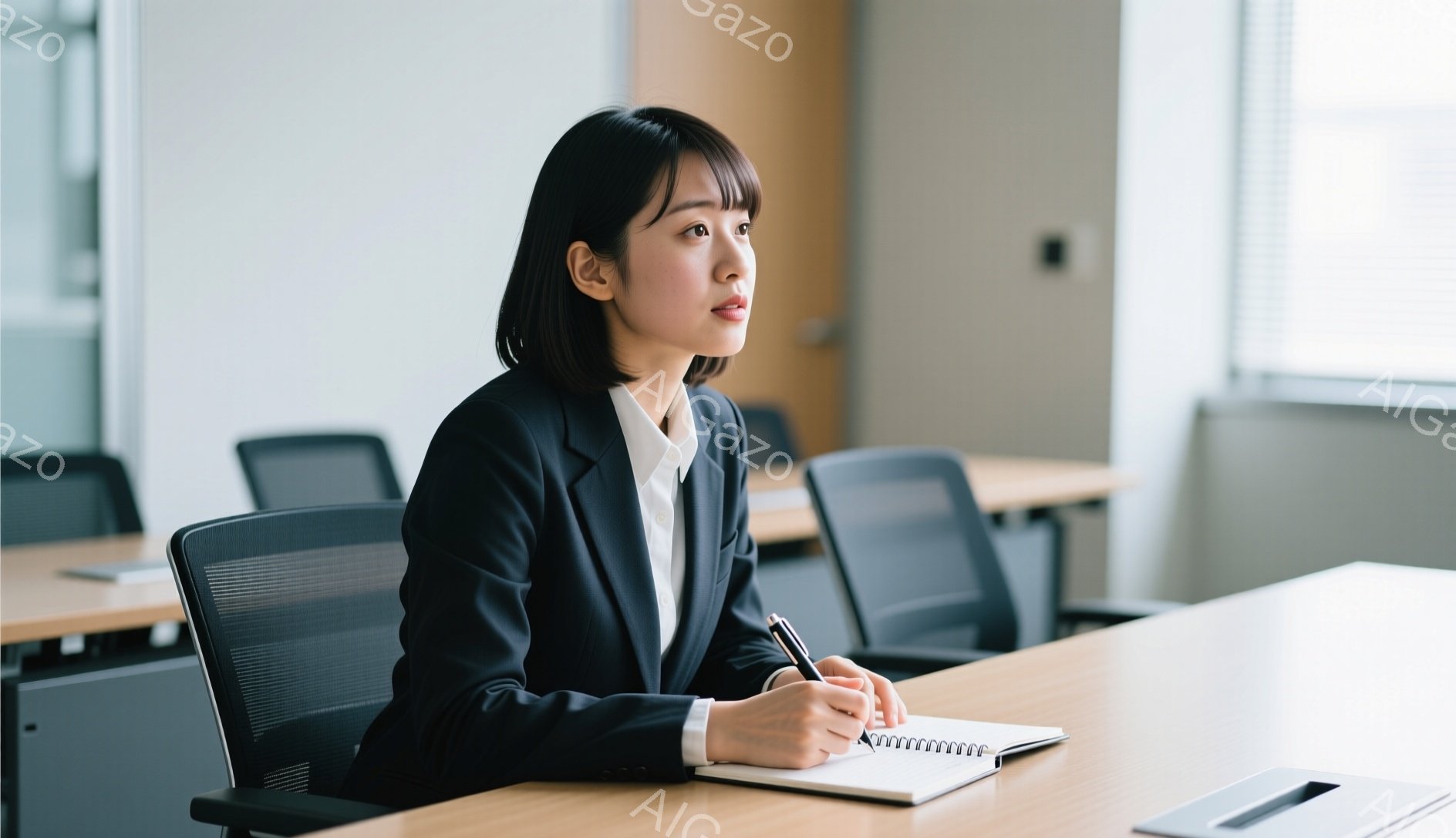 若い女性がビジネススーツと白いシャツを着て、椅子に座り、ノートにペンで何か書き込んでいる。彼女は黒髪のボブカットで、少し上目線で考え込んでいるような表情をしている。背景には他の椅子がいくつか見え、室内は明るく、清潔感のある会議室のようだ。