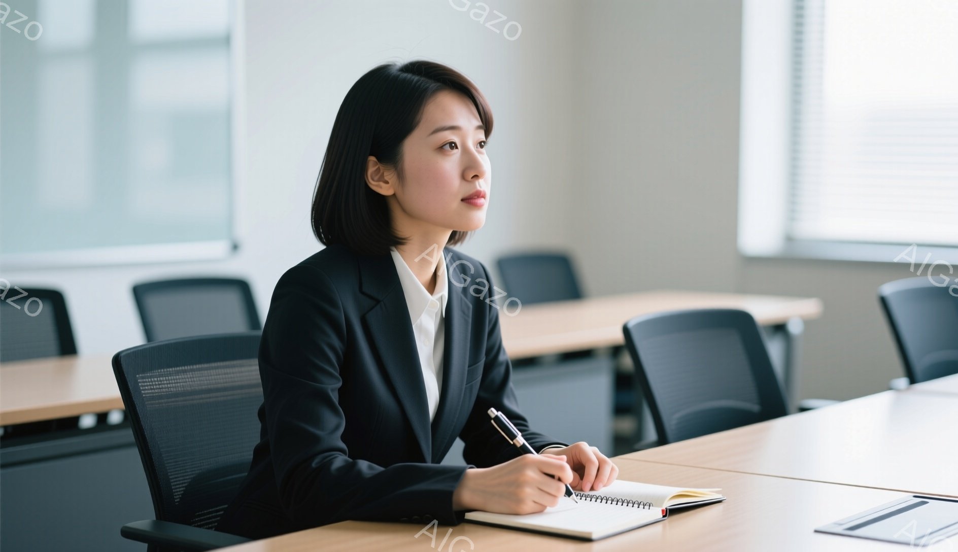 黒いスーツに身を包んだ女性が、明るい会議室でノートに何かを書き込んでいます。彼女は少し考え込んでいるような表情で、真剣な眼差しを遠くに向けています。背景には整然と並べられた会議用の椅子とテーブルが見え、室内は清潔感があり、静かな雰囲気です。