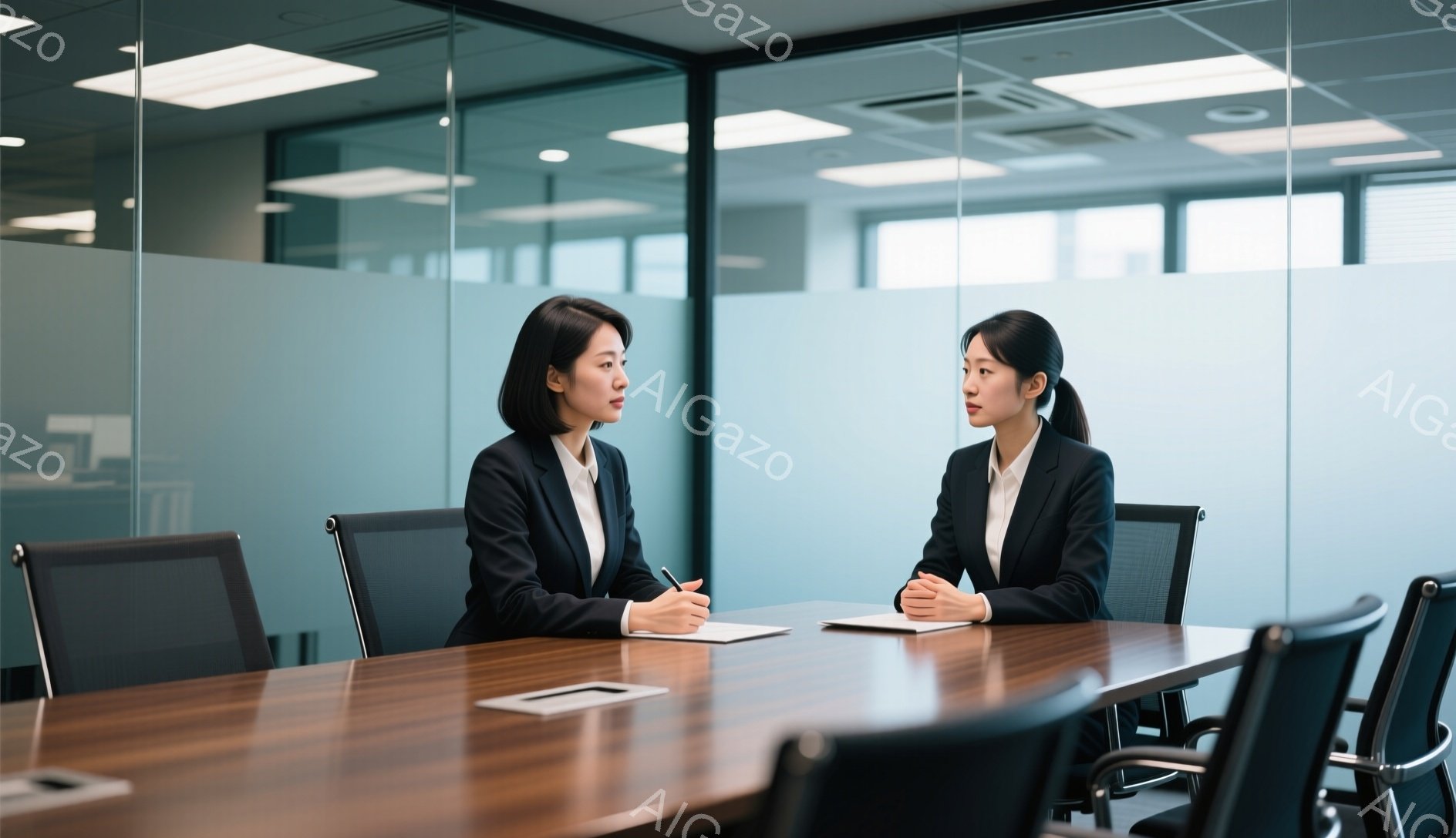 2人の女性が会議室の長いテーブルを挟んで向かい合って座っています。どちらも黒いスーツと白いシャツを着ており、髪は後ろでまとめています。左の女性はペンを持ち、何かを書き込んでいるような仕草をしており、右の女性は両手を重ねてテーブルに置き、落ち着いた表情で左の女性を見つめています。