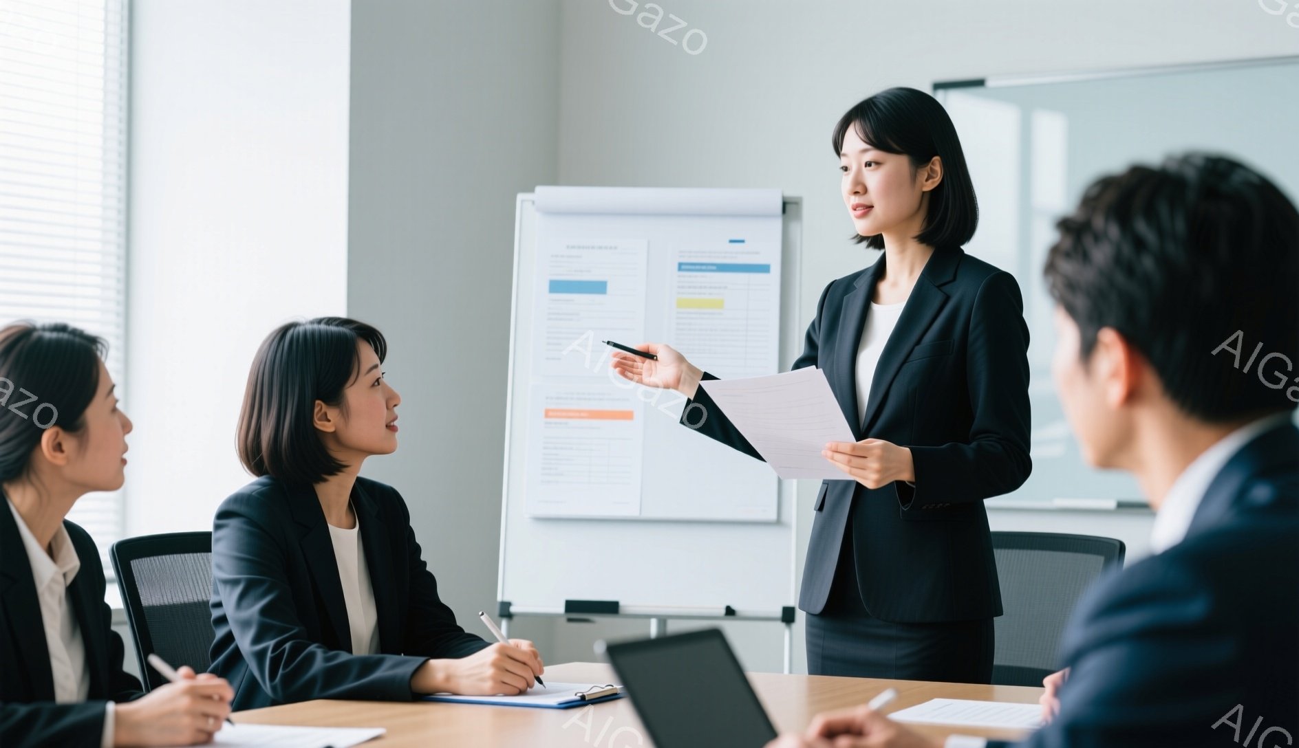 会議室で女性がプレゼンテーションを行っている様子が写っています。彼女は黒いスーツに身を包み、黒髪を後ろにまとめています。他の参加者はテーブルを囲んで座り、メモを取りながら彼女の話に耳を傾けており、全体的に真剣でプロフェッショナルな雰囲気が漂っています。