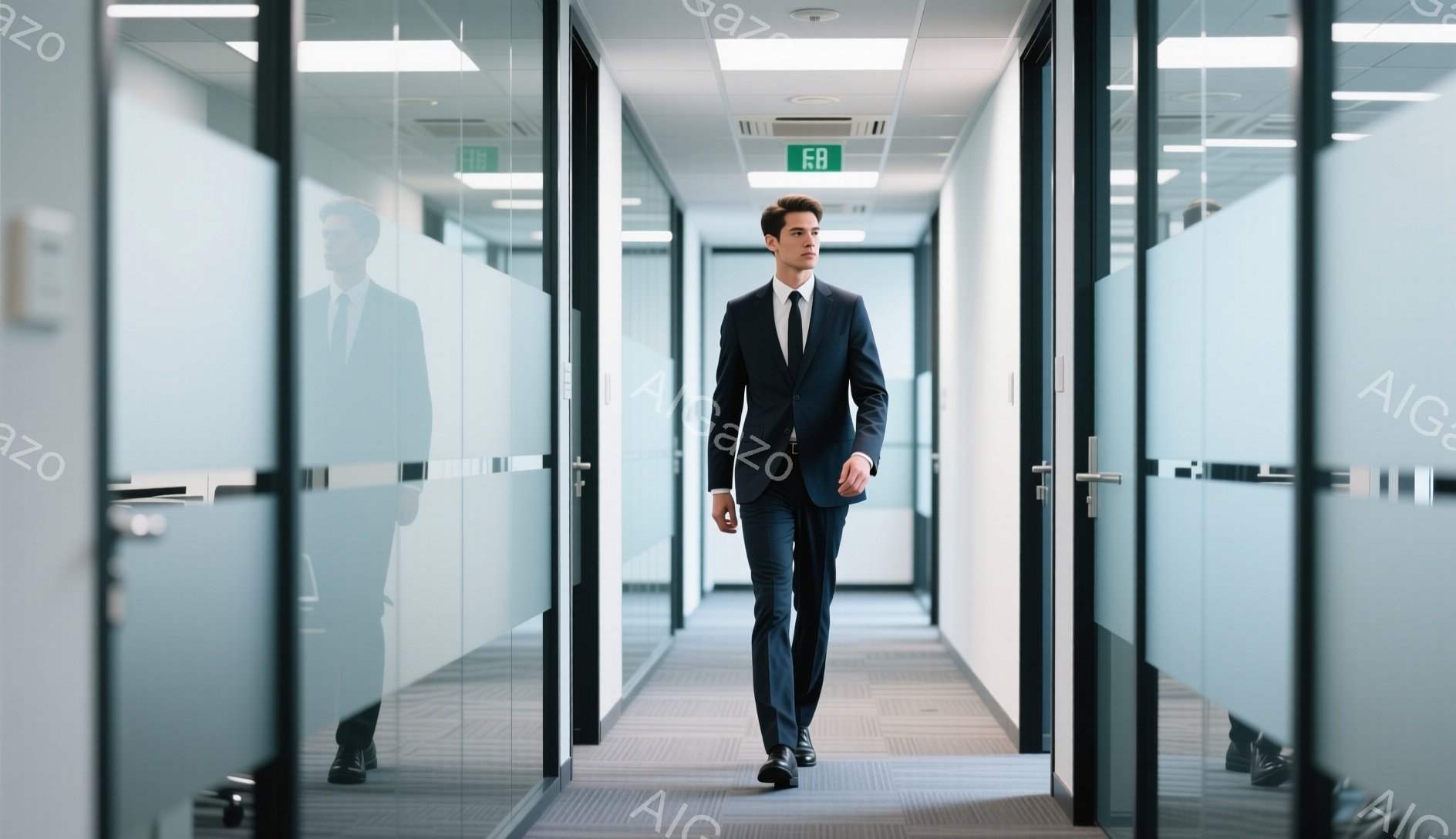 スーツを着た男性が、オフィス内の廊下を歩いている。彼は黒いスーツ、白いシャツ、ネクタイを着用し、整髪された髪型で、表情は真剣そのものだ。廊下はガラス張りのオフィスで構成され、モダンで洗練された雰囲気を - AI生成フリー素材