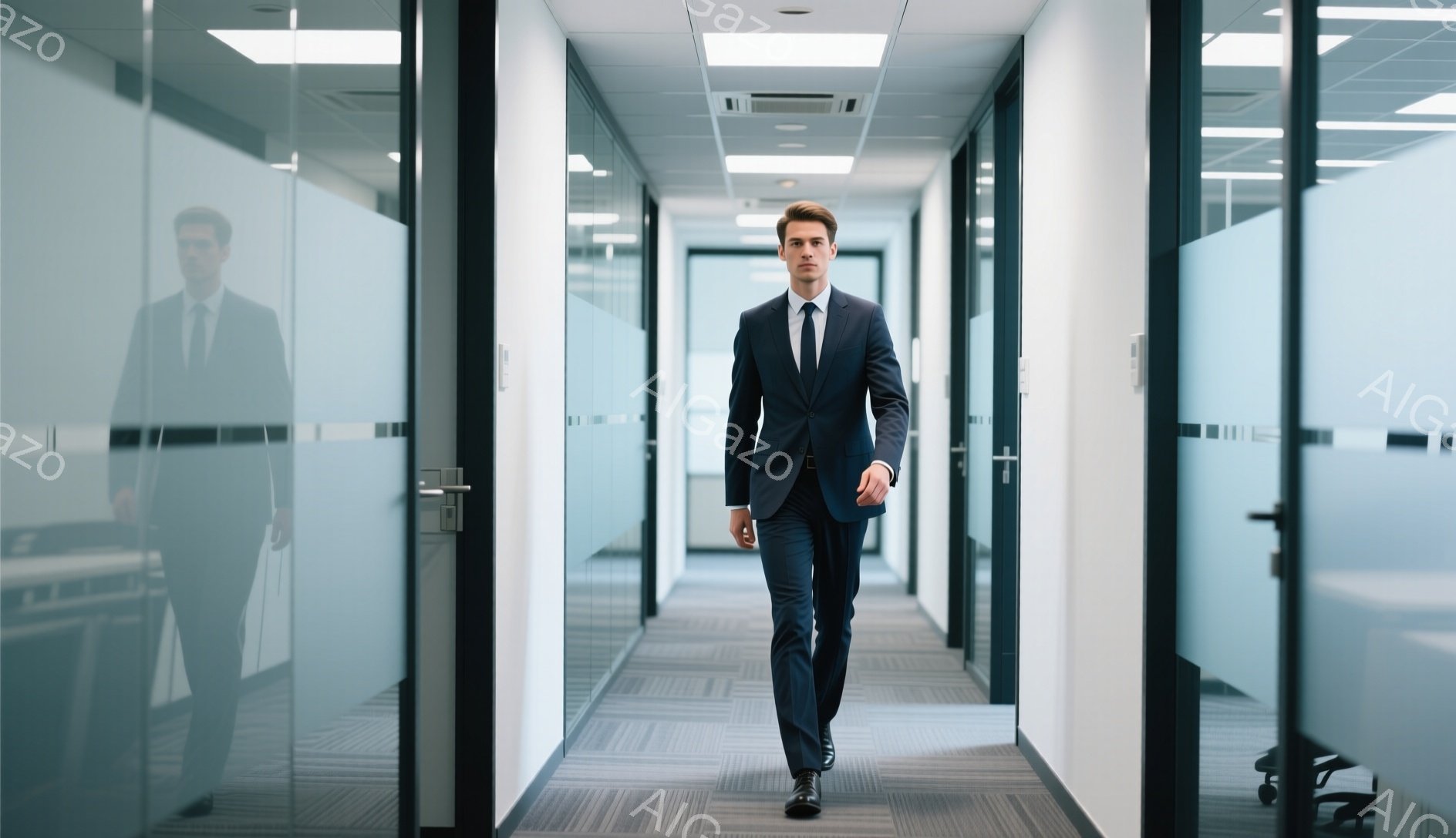 紺色のスーツにネクタイを締め、整髪された男性がオフィス内の廊下を歩いている。彼の表情は真剣で、姿勢は堂々としている。廊下は白を基調としたモダンなデザインで、ガラス張りの壁とカーペット敷きとなっている。