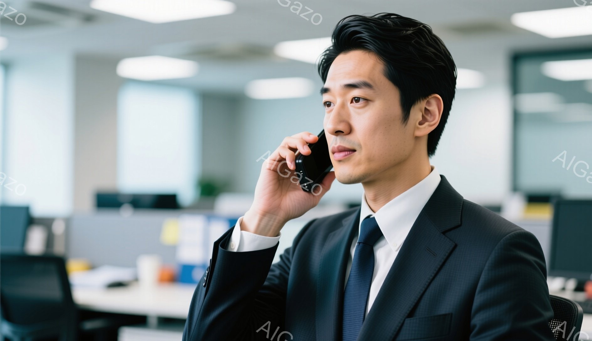 スーツとネクタイを着用した男性が電話に出ています。彼は少し横を向いており、真剣な表情で話を聞いているようです。背景にはオフィスらしき空間が広がり、他の従業員やデスクなどがぼんやりと見えます。