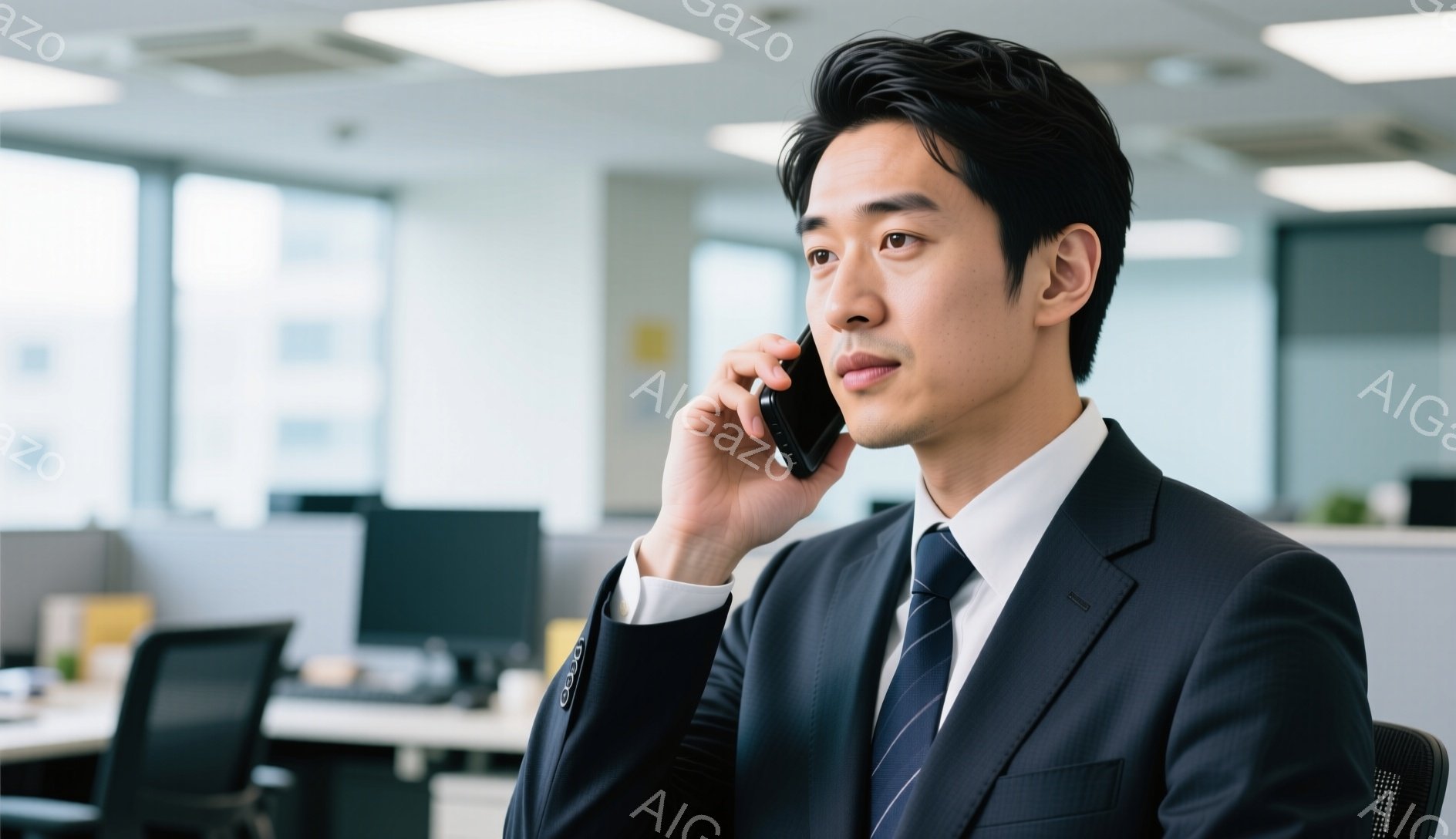紺色のスーツにネクタイを締めたアジア人男性が電話で話しています。彼は少し真剣な表情で、片手を耳に当て、もう片手でスマートフォンを持っています。背景にはオフィスがあり、デスクやコンピューターが並び、窓からは自然光が差し込んでいます。