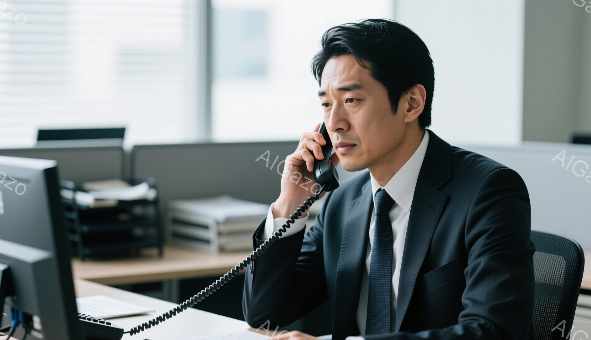 スーツを着た男性が電話を受けている様子が写っている。彼は黒髪で、やや真剣な表情をしており、右手を電話に当てている。背景にはオフィスの一角が写り、パソコンや書類などが置かれている、落ち着いた雰囲気の室内である。