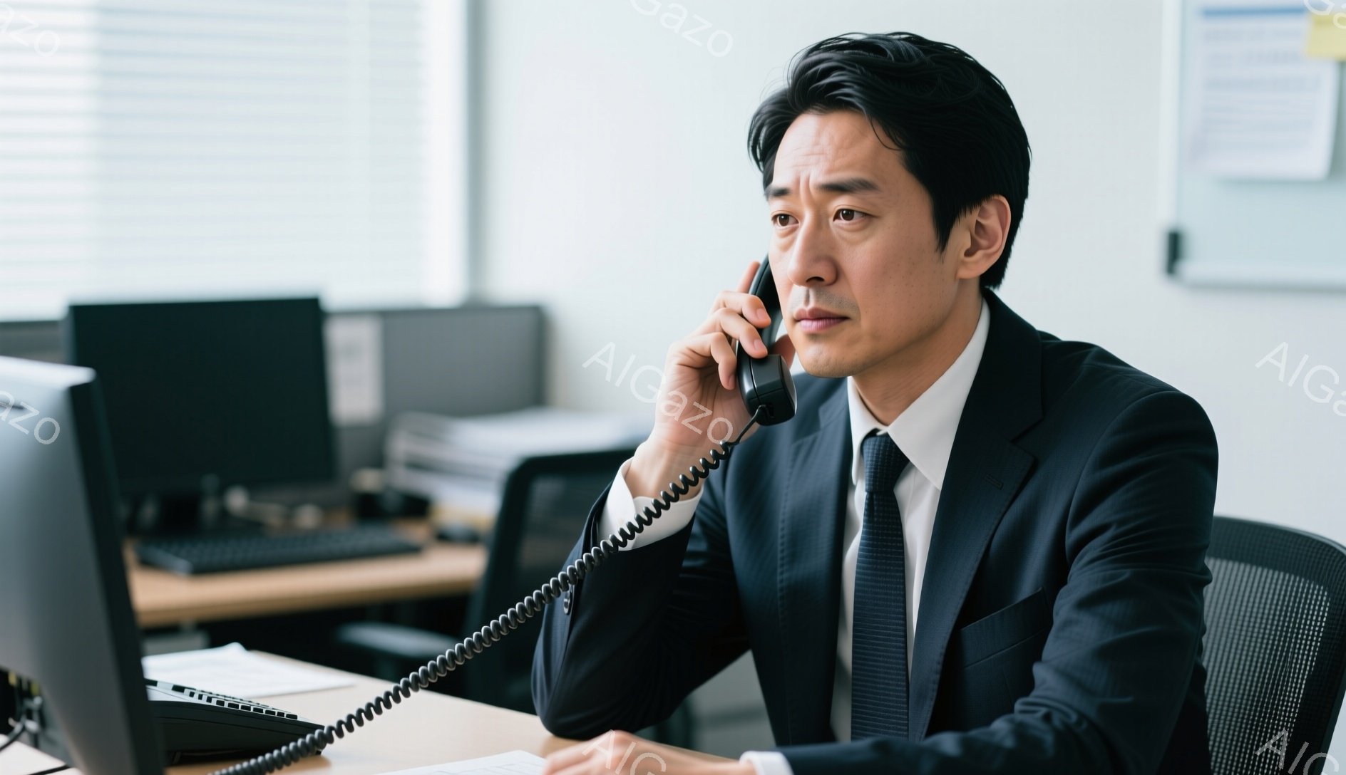 スーツとネクタイを着用したアジア人男性が電話に出ています。彼は真剣な表情で、片手を耳に当て、もう片手でデスクに置かれた電話の受話器を持っています。背景にはオフィスが広がっており、他のデスクや椅子も見え、全体的に落ち着いた雰囲気です。