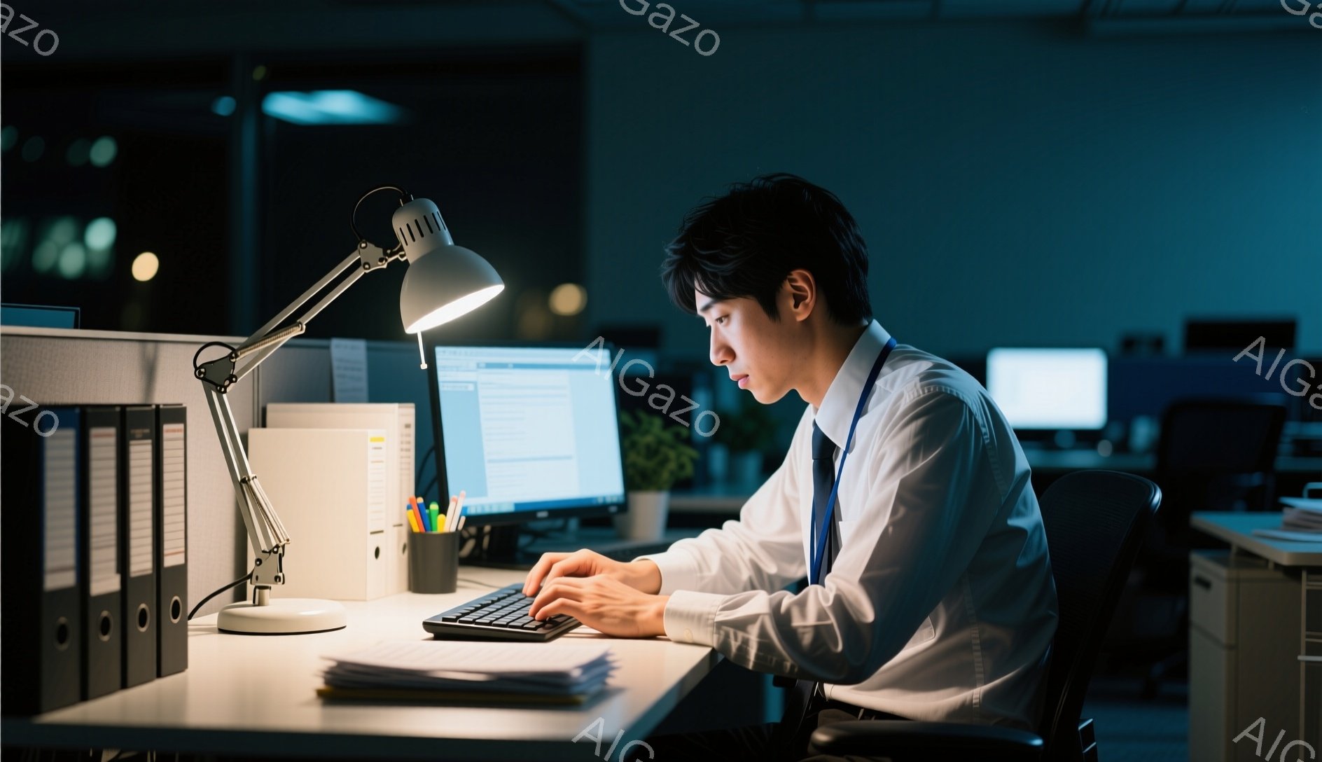 一人の男性がオフィスでパソコンに向かってキーボードを叩いています。彼は白いシャツにネクタイ、黒髪で、集中して画面を見つめており、疲労の色が見られます。背景は暗く、他のデスクや書類がぼやけており、夜遅く残業をしている様子が伺えます。