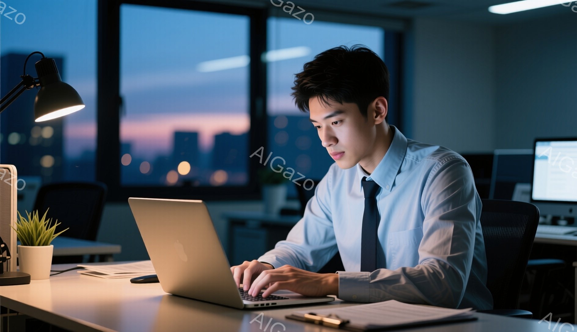 若い男性が、窓の外の夕暮れを背に、オフィスでノートパソコンに向かっています。彼は青いシャツにネクタイ姿で、真剣な表情でキーボードを操作しており、姿勢はやや前かがみです。背景には高層ビル群が広がり、薄暗い室内と夕焼けのコントラストが、集中した雰囲気を作り出しています。