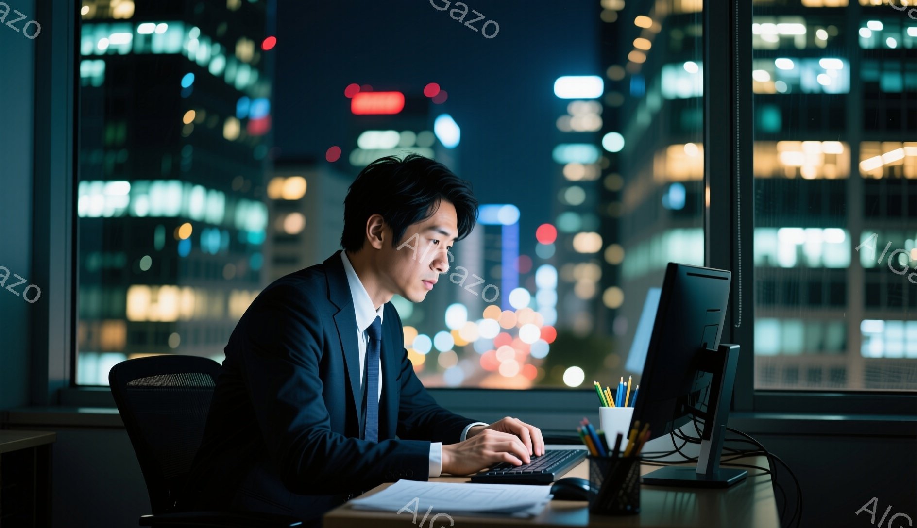 スーツとネクタイを着用した男性が、夜景を背景にデスクでパソコンに向かっている。彼はやや前かがみの姿勢でキーボードを操作しており、集中した表情をしている。背景には、多くの明かりが灯る高層ビル群が広がり、都会の夜の喧騒を感じさせる。