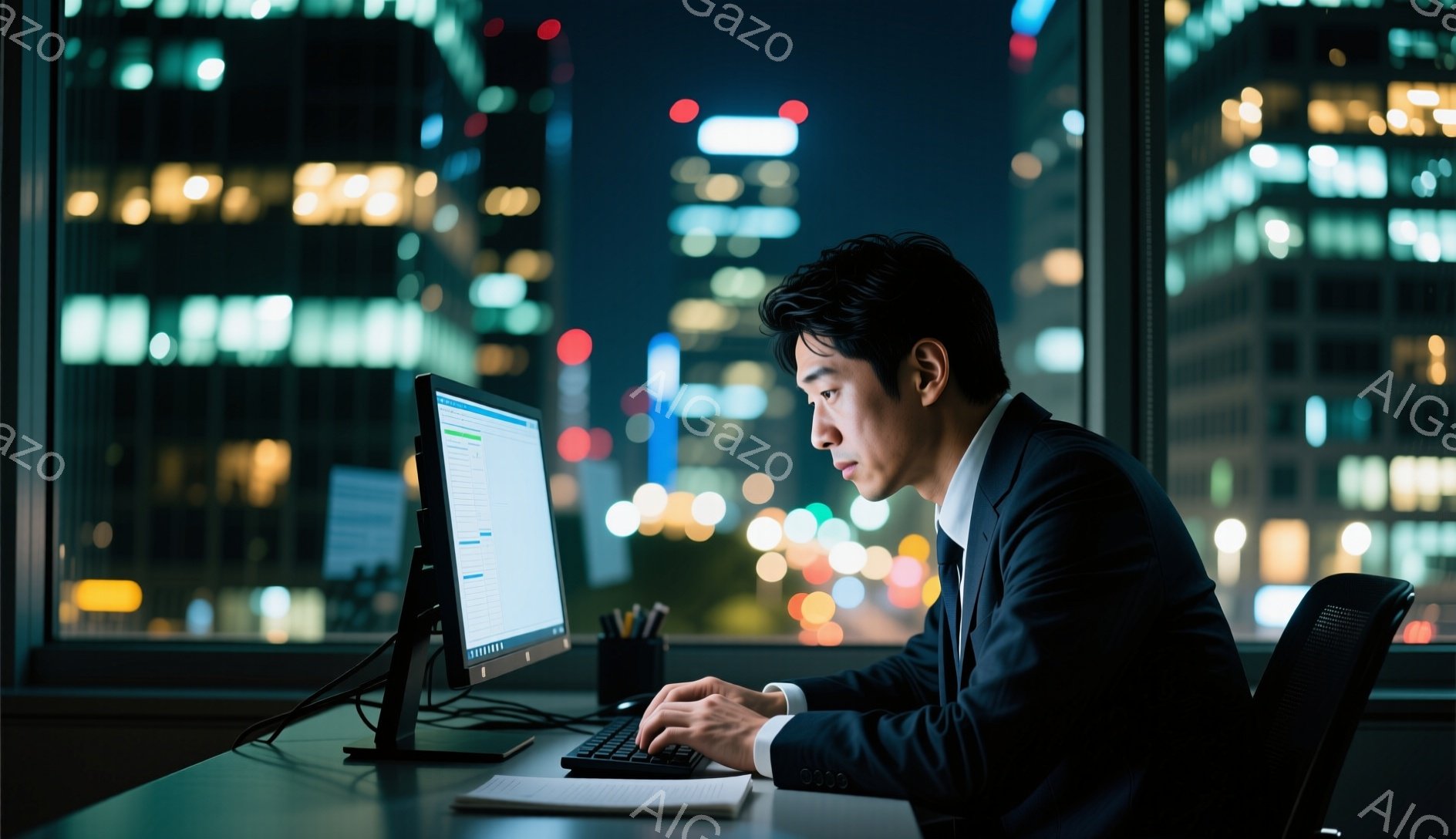 スーツを着た男性がオフィスでパソコンに向かって作業している。彼は少し前かがみになり、集中した表情でキーボードを操作しており、背景には夜景が広がる高層ビル群が見える。室内は薄暗く、窓からの光がぼんやりと男性を照らし、全体的に真剣で落ち着いた雰囲気を醸し出している。