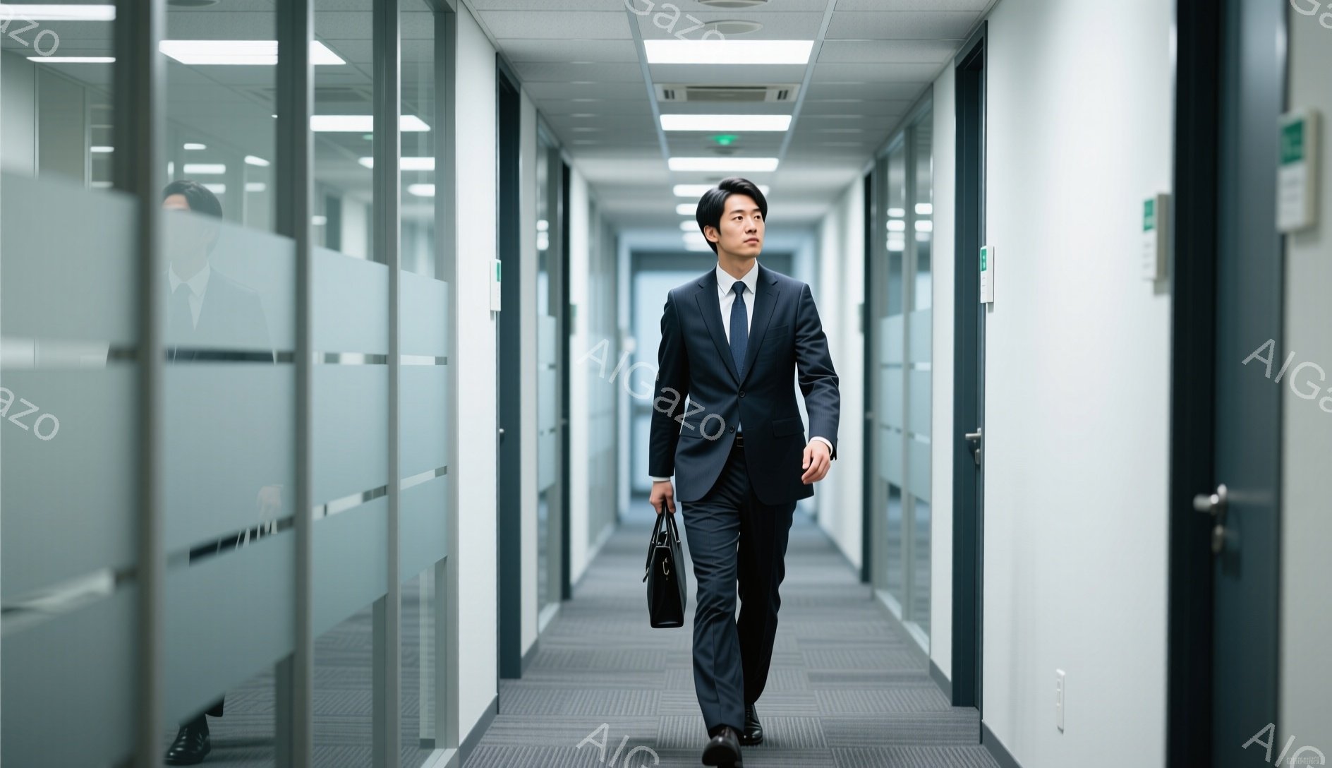 スーツを着た若い男性がオフィス内の廊下を歩いている。彼は黒いスーツにネクタイを締め、手にはブリーフケースを持っている。廊下は白を基調とした清潔感のあるデザインで、ガラス張りのオフィス空間が左右に並んでいる。