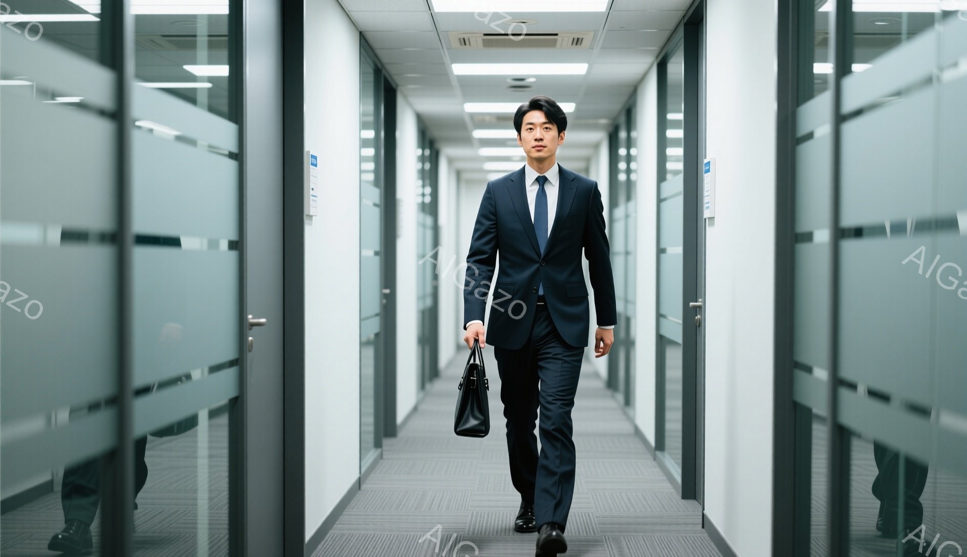 紺色のスーツにネクタイを締め、黒髪を短く整えた男性が、オフィス内の廊下をまっすぐ歩いている。彼は黒のブリーフケースを持っており、表情は真剣で自信に満ちている。廊下はグレーのカーペット敷きで、両側にはガラス張りのオフィスが並び、全体的にモダンでプロフェッショナルな雰囲気が漂っている。