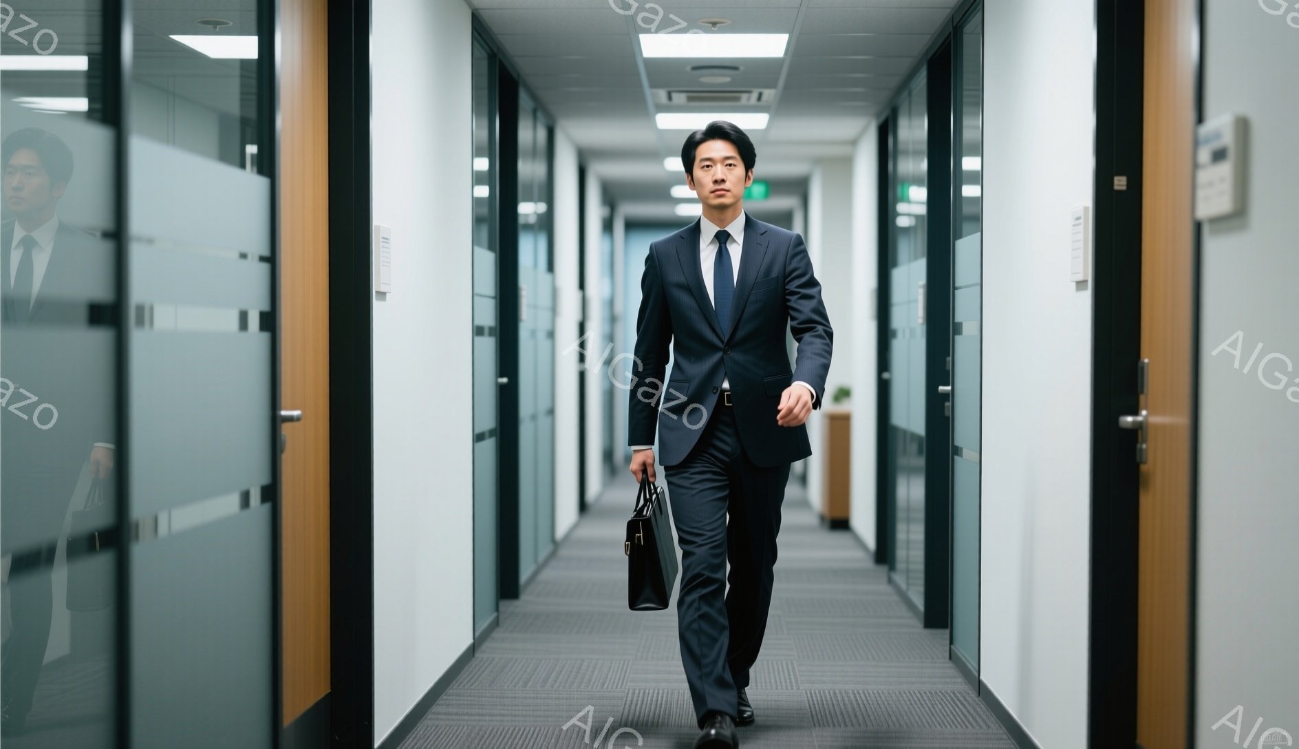 スーツを着た男性が、オフィスビルの廊下を歩いている。彼は黒いスーツ、白いシャツ、ネクタイを着用し、左手に黒いブリーフケースを持っている。廊下は白とグレーのトーンで、モダンでプロフェッショナルな雰囲気を醸し出している。