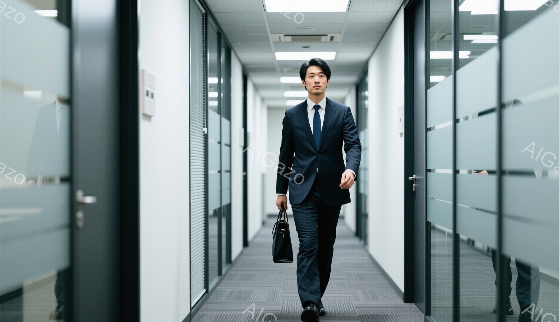 スーツにネクタイを締め、黒いブリーフケースを持った男性が廊下を歩いている。彼の表情は真剣で、前方をしっかりと見つめている。背景はオフィスビルの廊下で、ガラス張りのドアが並び、落ち着いた雰囲気である。