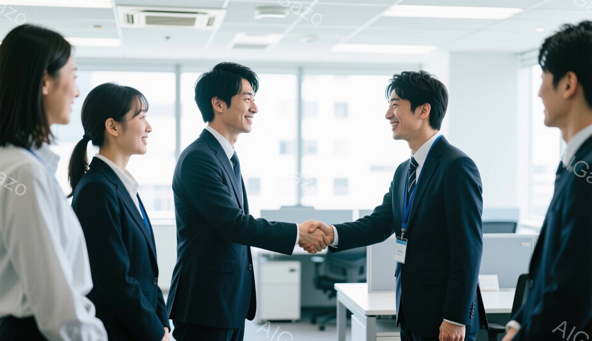 室内で、ビジネススーツを着た四人の人物が写っている。二人の男性は握手をしており、笑顔を見せている。背景にはオフィス家具と窓があり、窓の外には建物が見え、全体的に明るく、プロフェッショナルな雰囲気が漂っている。