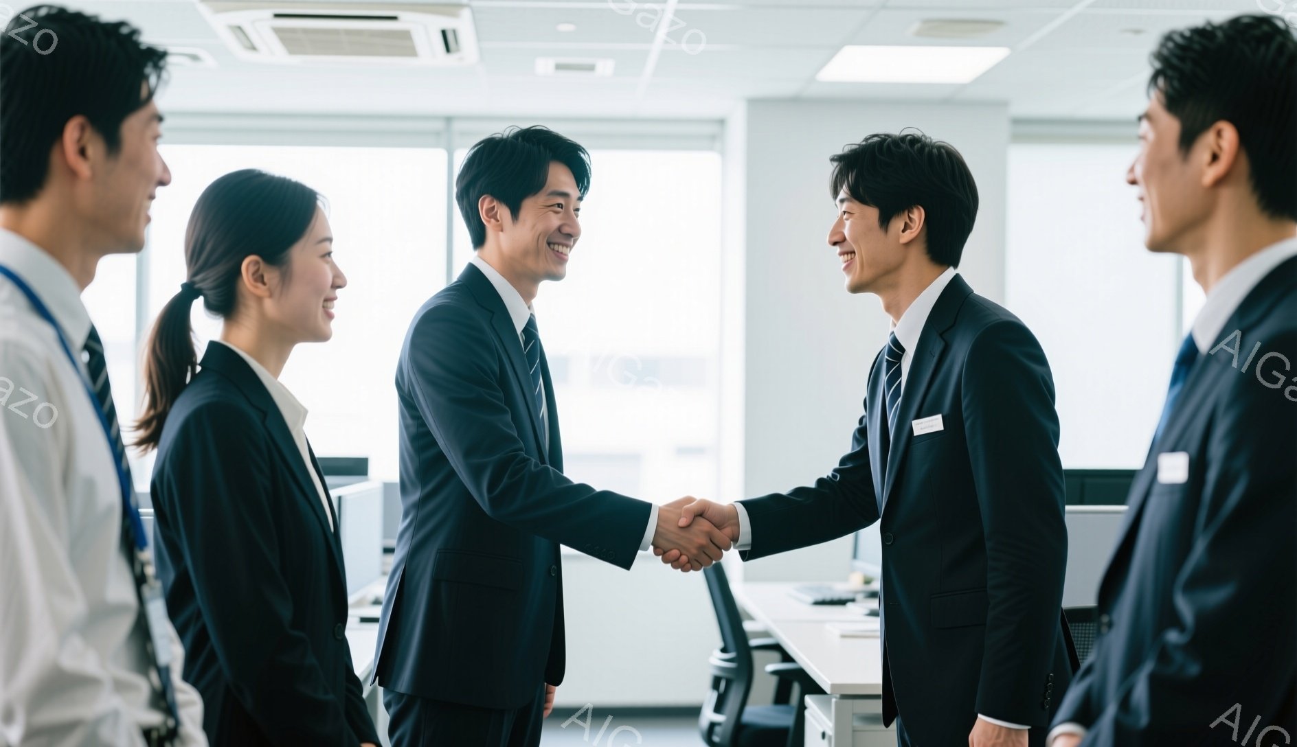 4人のビジネスマンとビジネスウーマンが、明るいオフィスで握手をしています。全員が黒のスーツにネクタイまたはリボンを着用し、笑顔で互いに向き合っています。背景にはオフィス家具が見え、清潔でプロフェッショナルな雰囲気が漂っています。