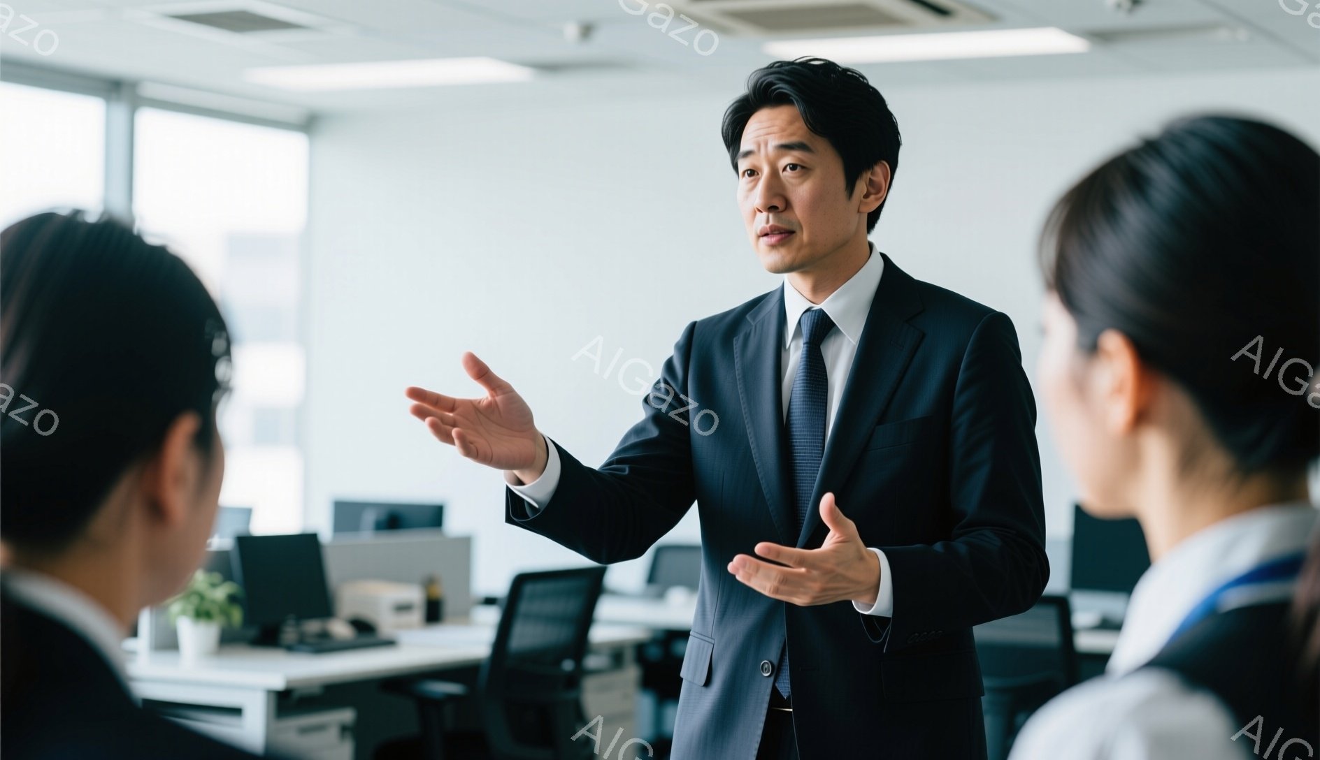 画像には、スーツを着たアジア人男性が、2人の女性に向けて何かを説明している様子が写っています。彼は腕を広げ、真剣な表情で話しており、周りにはオフィス内のデスクと椅子が見えます。全体的に、会議やプレゼンテーションが行われている、明るくモダンなオフィス内の雰囲気です。