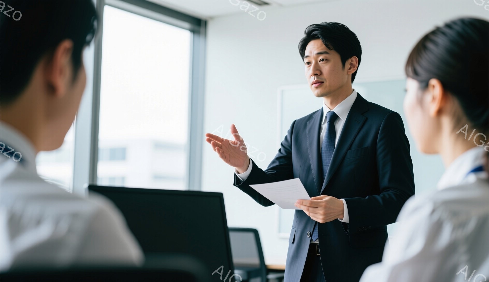 スーツを着た男性がプレゼンテーションをしている様子で、右手に書類を持ちながら、左手を広げて何かを説明しています。彼は黒髪で、表情は真剣であり、背景には会議室らしき室内と窓の外のビルが見えます。全体的に、ビジネスシーンにおけるコミュニケーションや指導を連想させる雰囲気です。