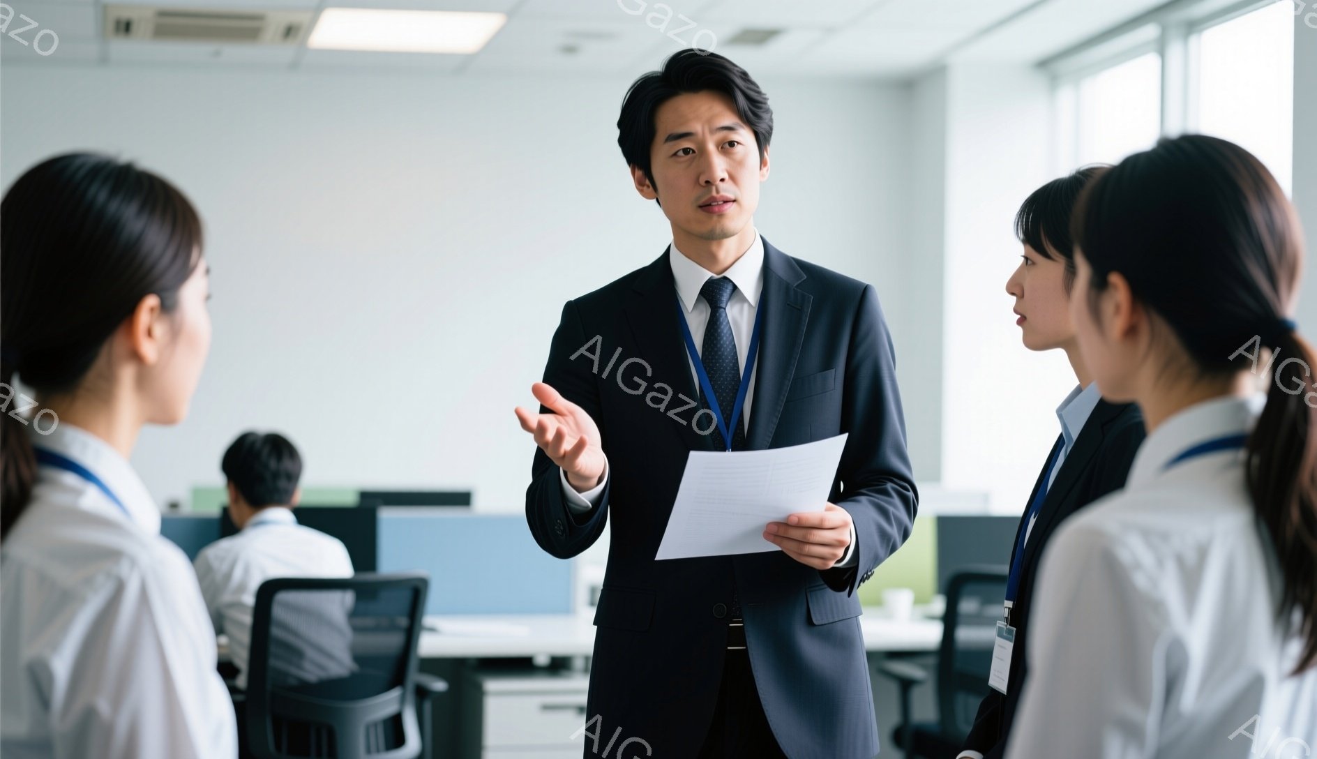 この画像には、紺色のスーツにネクタイを締め、書類を手にしている男性が写っています。彼は何かを説明しているようで、身振り手振りを使って、2人の女性と話しています。背景はオフィスで、他の従業員や机、そして白い壁が見えます。