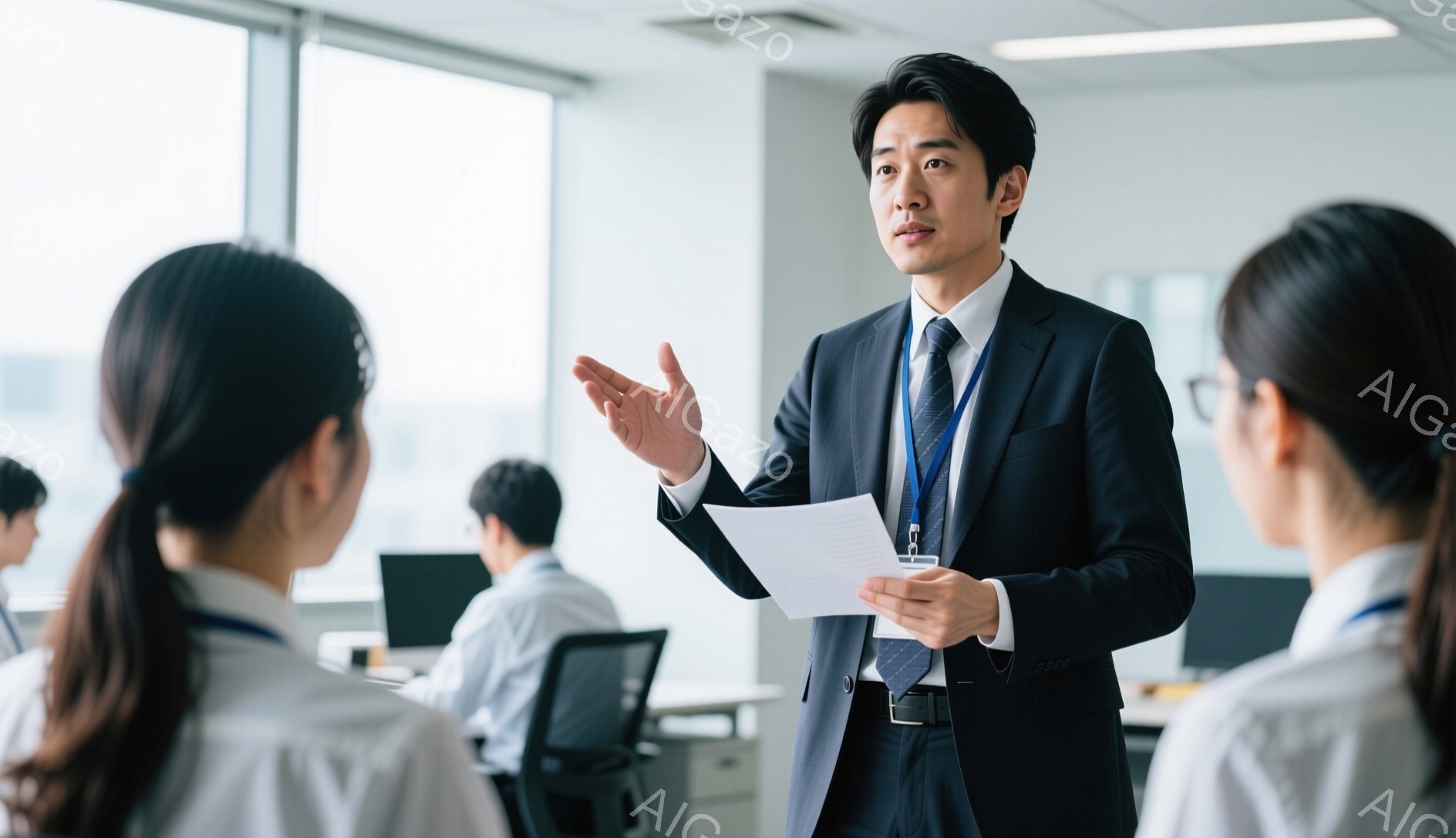 スーツとネクタイを着用した男性が、書類を手にしながら何かを説明している様子が写っている。彼は軽く片手を挙げ、表情は真剣で、周囲の同僚たちに向けて話しかけているようだ。背景はオフィスで、窓からは光が差し込み、活気ある雰囲気を感じさせる。