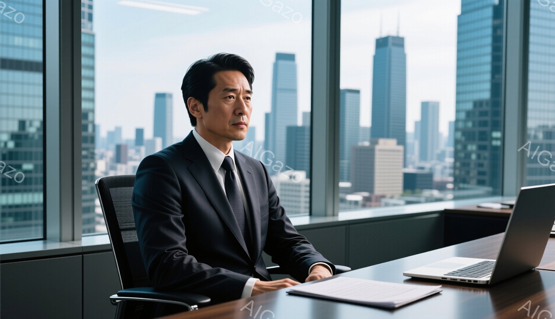 スタイリッシュなスーツとネクタイを着用したアジア人男性が、高層ビルの窓際に座り、少し物思いにふけっている様子が伺える。彼は背筋を伸ばして座っており、右手に書類、目の前には開いたラップトップが置かれている。背景には高層ビル群が広がり、晴天の都市景観が広がっている。