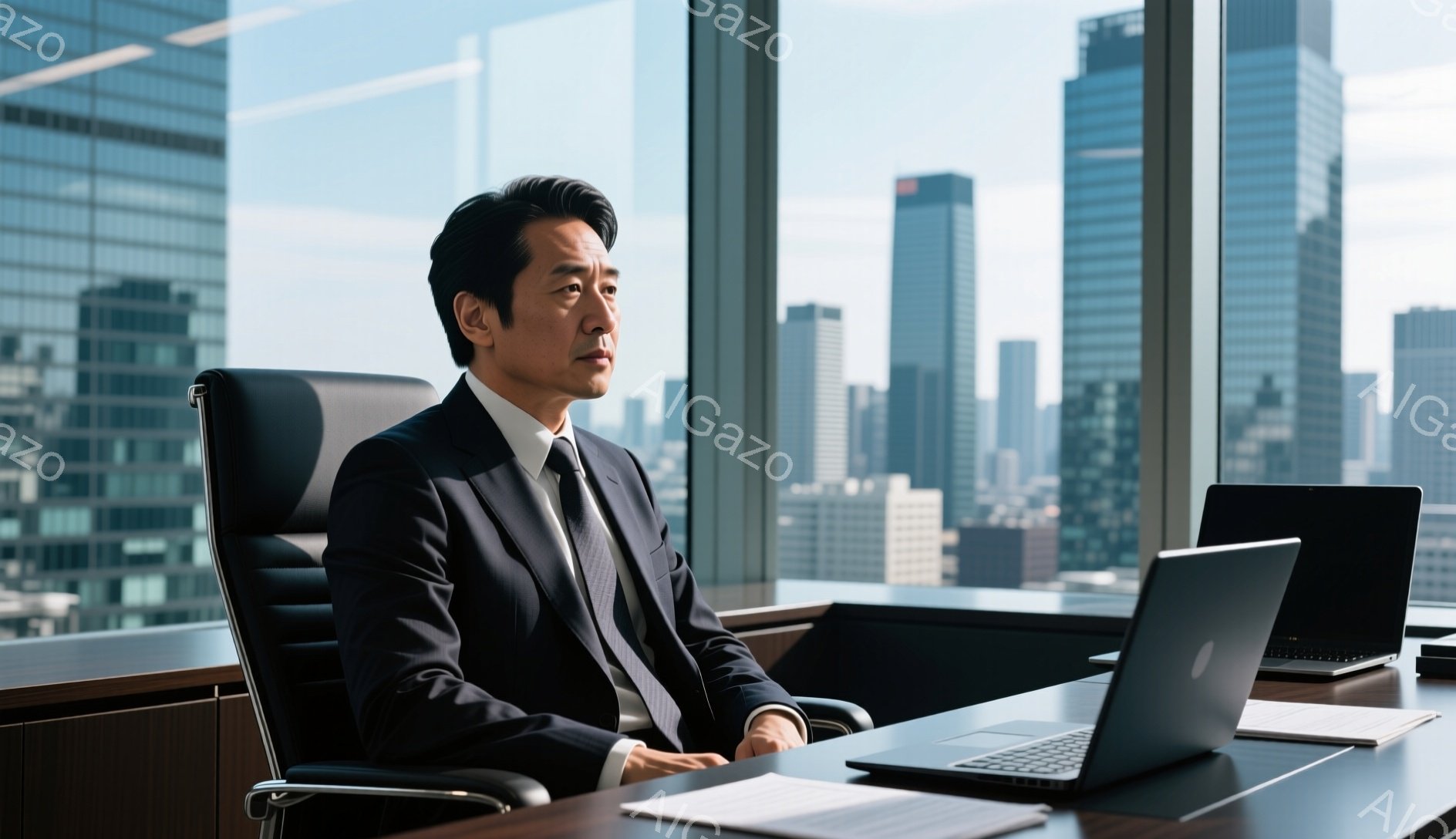 紺色のスーツにネクタイを締めた男性が、高層ビルの窓際にあるオフィスで椅子に座って考え事をしている様子が写っている。彼の髪型は短く、整えられており、視線は遠くを見つめている。背景には高層ビル群が広がり、晴れた空が広がっており、落ち着いた、洗練された雰囲気が漂っている。