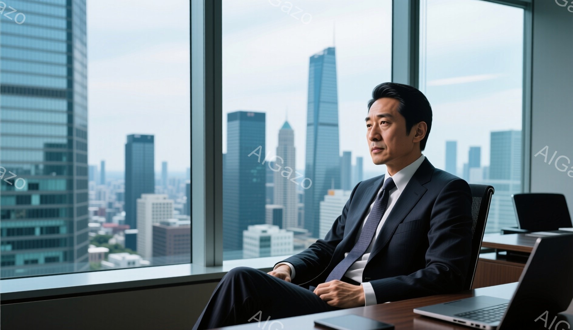 紺色のスーツにネクタイを締めた男性が、高層ビルの窓際でリラックスした姿勢で座っている。彼の表情は穏やかで、遠くを見つめているように見える。背景には、高層ビル群が広がり、晴れた空が広がっているオフィス空間はモダンで洗練された雰囲気を醸し出している。