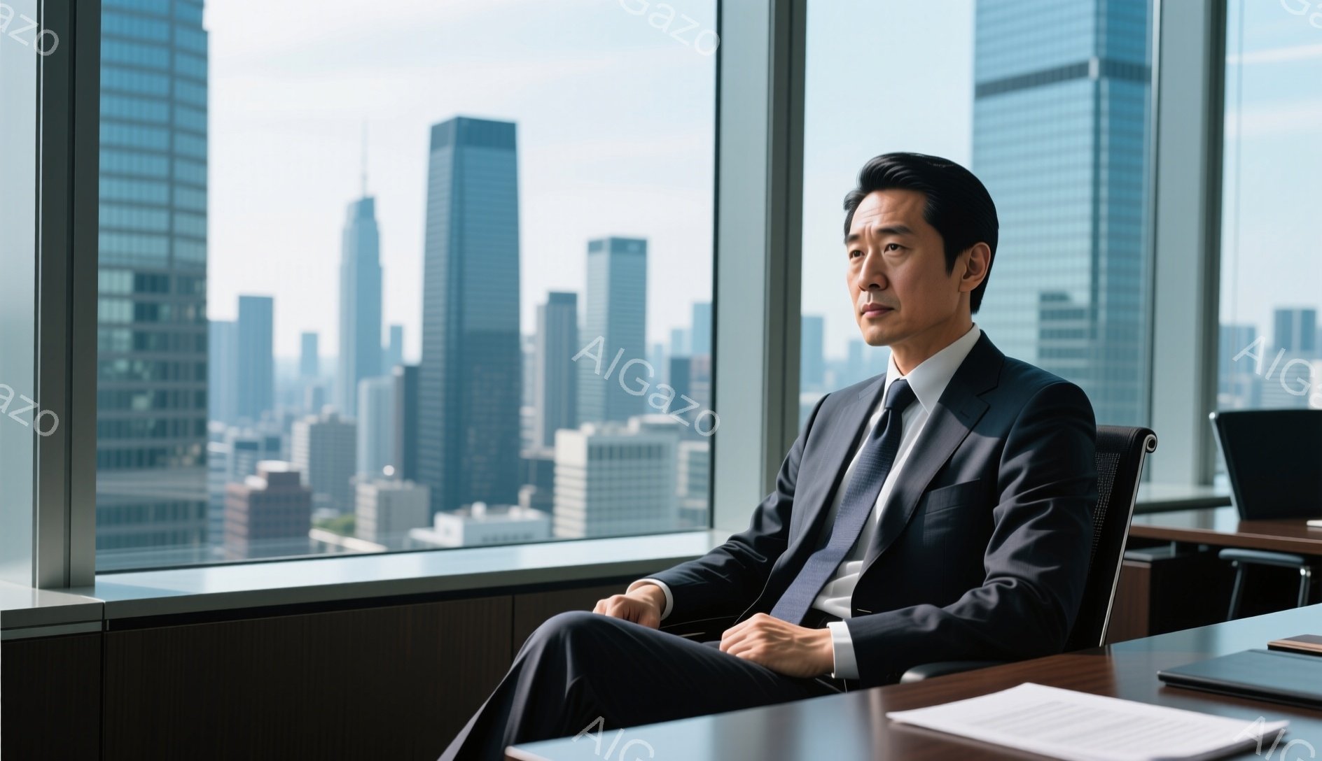 彼は紺色のスーツにネクタイ姿で、オフィスチェアに深く腰掛けている。少し憂いを帯びた表情で、遠くの街並みを眺めている。背景には高層ビル群が広がり、晴れた日の穏やかな雰囲気が感じられる。