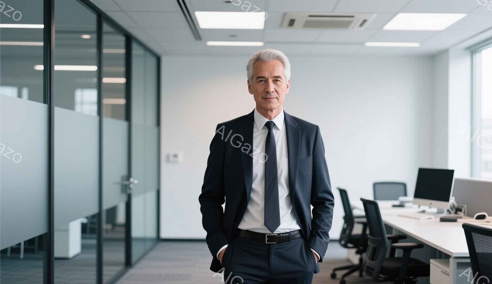 白髪の男性が紺色のスーツとネクタイを着用し、両手をポケットに入れて立っている。彼は穏やかな表情で、少し自信に満ちた視線をカメラに向けている。背景はオフィスで、ガラス張りの壁と整然と配置された机が並んでいる、清潔でモダンな雰囲気である。