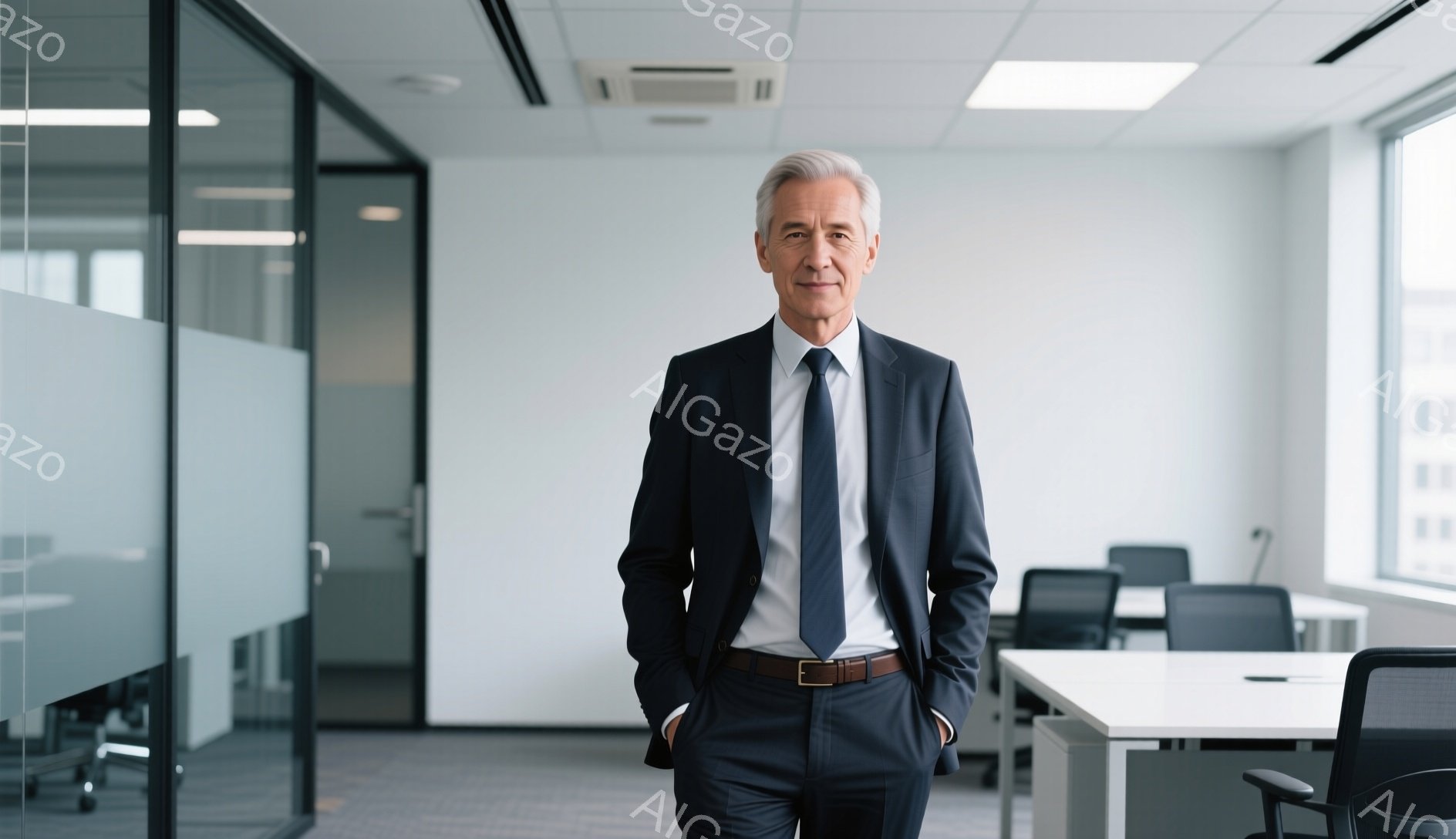 白髪で整髪された男性が、紺色のスーツに白いシャツ、濃い青色のネクタイを着用し、両手をポケットに入れた状態で立っている。背景はオフィスで、白を基調としたデスクや椅子が並び、ガラス張りの壁が特徴的だ。全体的に落ち着いた雰囲気で、ビジネスシーンを連想させる。