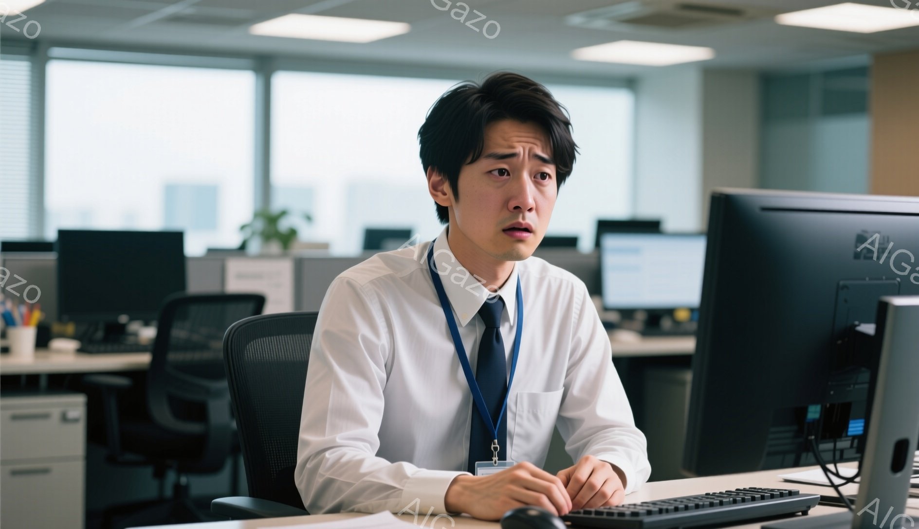 白いシャツにネクタイを締め、身につけたIDカードを付けた男性が、オフィスでパソコンに向かって座っている。彼は少し驚いた表情で、目を大きく見開き、片手をキーボードに置いている。背景には他の従業員やオフィス家具が見え、明るく清潔感のあるオフィス空間が広がっている。