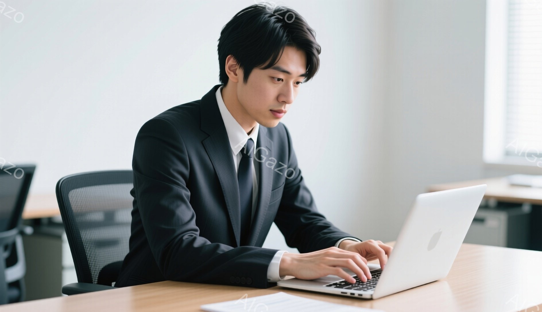 黒いスーツとネクタイを着用した男性が、ノートパソコンに向かってタイピングしている。彼は椅子に座り、少し前かがみの姿勢で集中した表情を見せている。背景はオフィスの一角で、木製のデスクや他の椅子が見え、全体的に落ち着いた雰囲気である。