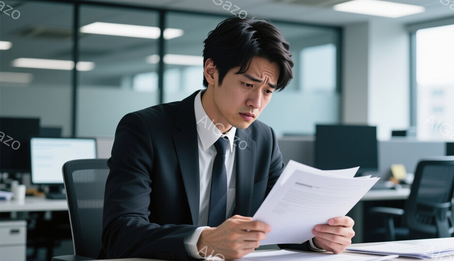 スーツとネクタイを着用した若い男性が、書類を注意深く見つめている。彼の表情は真剣でやや困惑しており、眉間にしわが寄っている。背景にはオフィス空間が広がり、他のデスクやコンピューターが見え、全体的に真剣で集中した雰囲気が漂っている。
