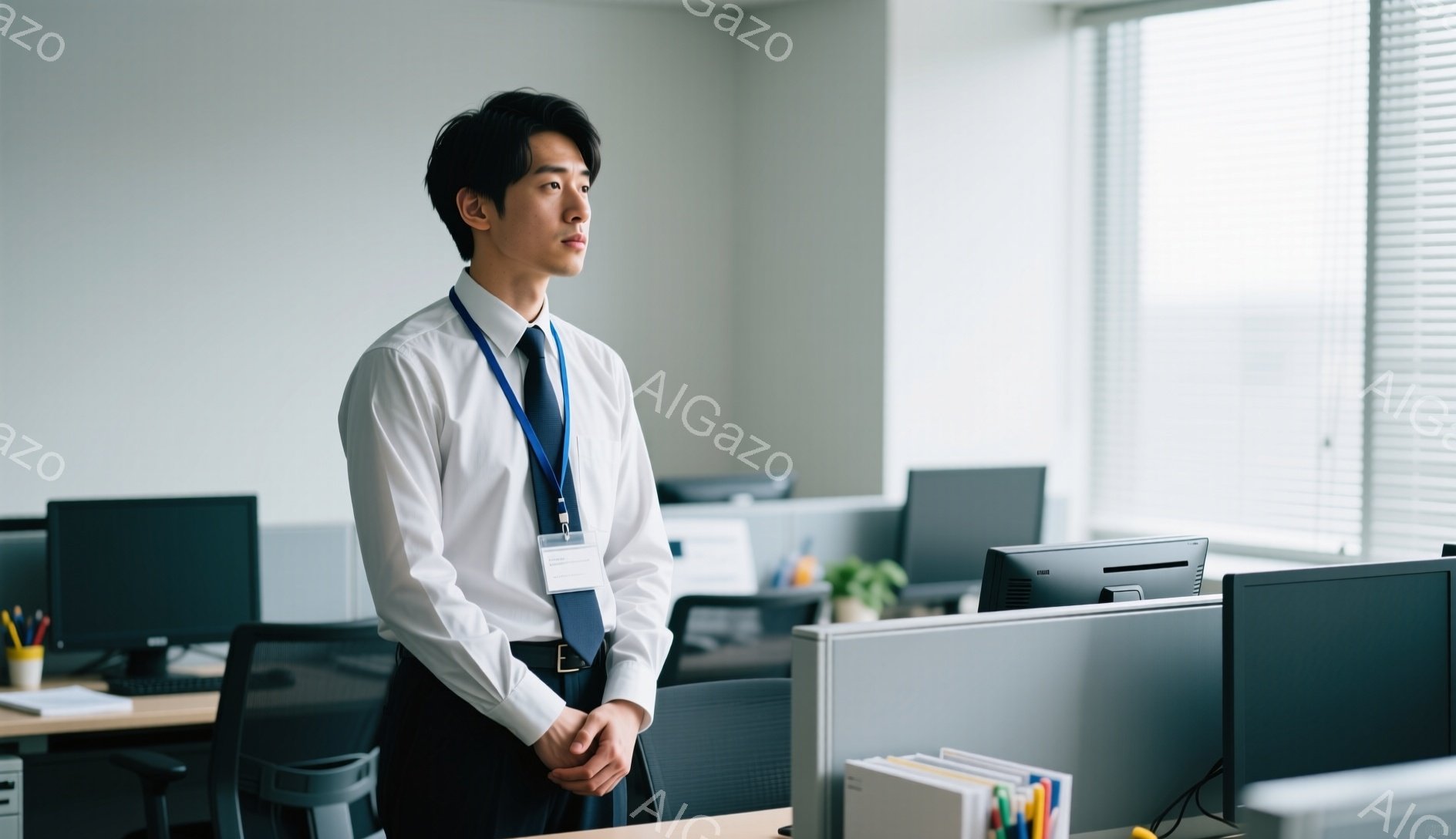 若い男性がオフィスで立っており、白いシャツに紺色のズボン、ネクタイ、そして身分証を首から下げています。彼は少し上目線で何かを見つめており、真剣な表情をしています。背景には他のオフィス家具やパソコンが並び、全体的に清潔でモダンなオフィス環境が広がっています。