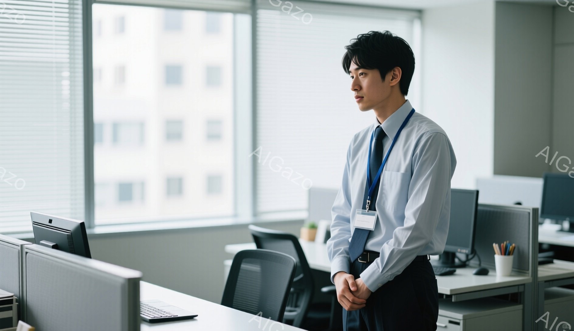 若い男性がオフィスで窓の外を見つめている。彼は白いシャツにネクタイ、黒いズボンを着用し、首から身分証のカードを下げている。オフィスは明るく、窓からは高層ビル群が見え、全体的に静かで落ち着いた雰囲気である。