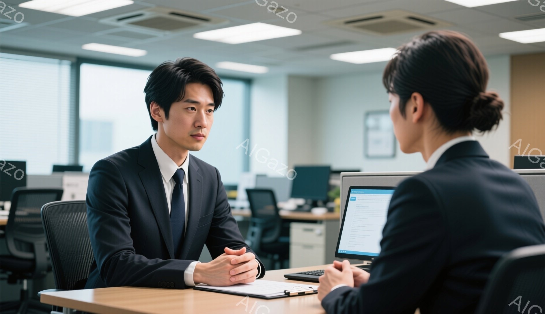 スーツを着た若い男性が、パソコンに向かい合う女性と対面している。男性は濃い青色のスーツにネクタイを締め、髪は短く整えられ、穏やかな表情で何かを説明しているようだ。背景はオフィスで、他の社員のデスクが見え、全体的に落ち着いた雰囲気である。