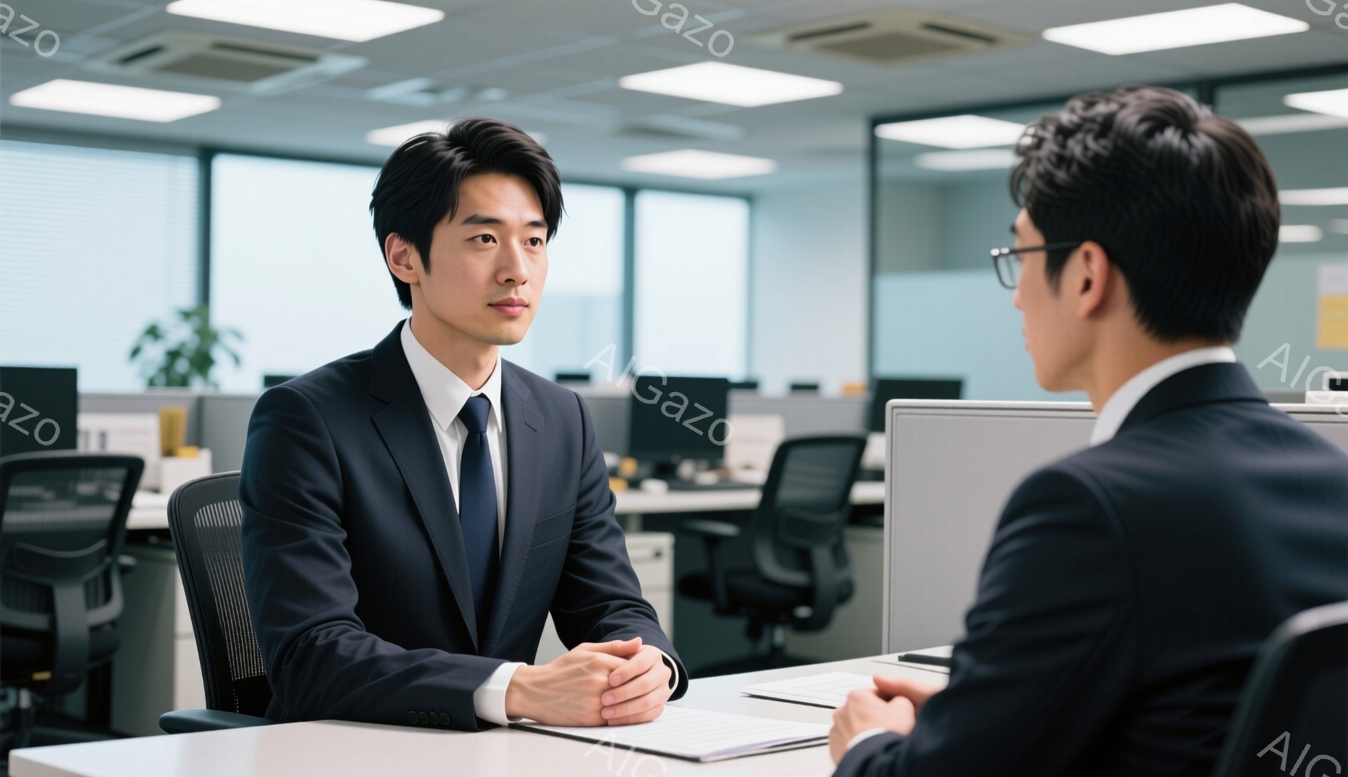 この画像には、オフィスで面接を受けているように見える二人の男性が写っています。一人は濃い青色のスーツにネクタイを締めており、髪は短く整えられ、落ち着いた表情で相手を見つめています。背後にはオフィス内のデスクと椅子が見え、全体的にプロフェッショナルで真剣な雰囲気が漂っています。