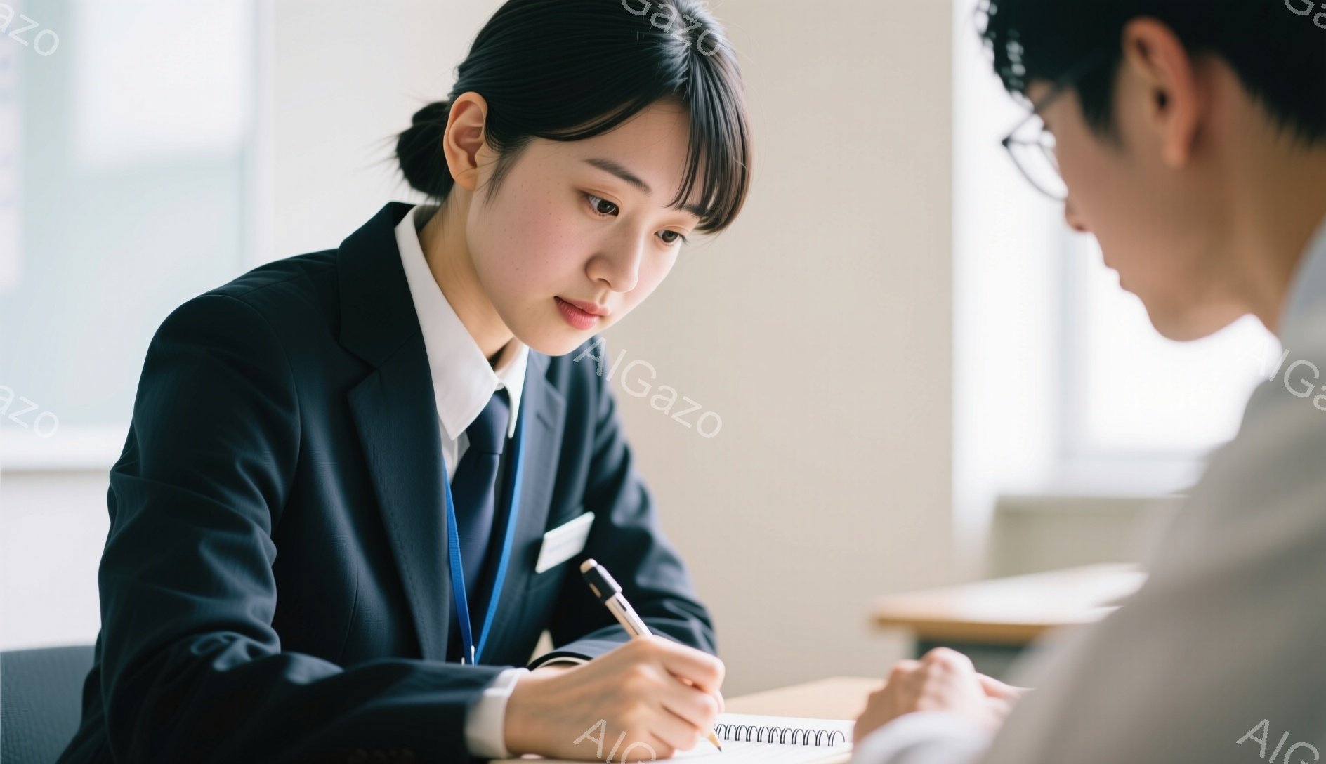 制服を着た若い女性が、ノートに何かを書き込んでいる様子が写っている。彼女は黒髪のショートボブで、真剣な表情でペンを握り、姿勢もまっすぐである。背景は明るい室内で、向かいに座っている人物との面談や学習の場面が推測される。