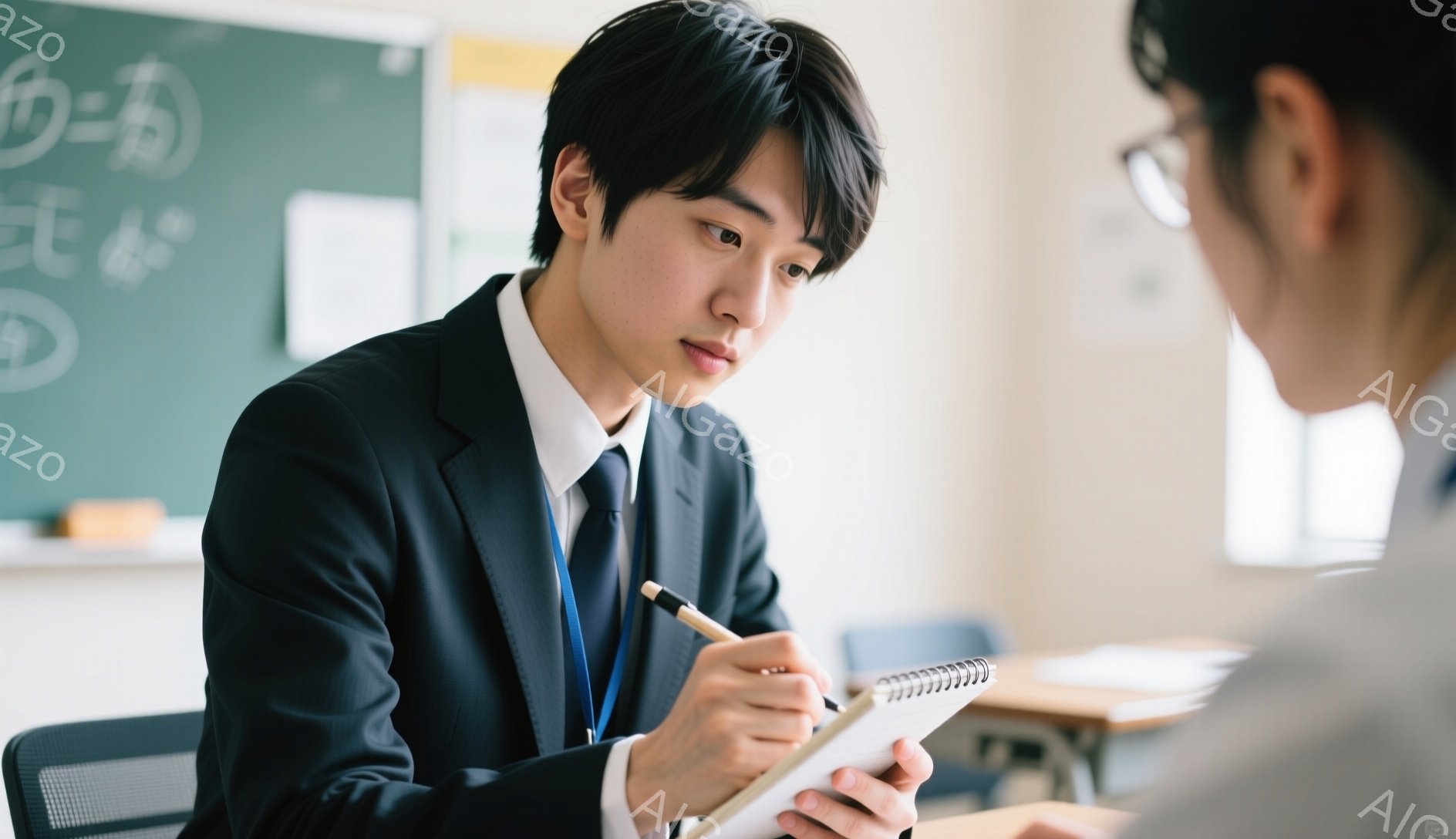 制服を着た若い男性が、ノートに何かを書き込んでいる。彼は黒髪で、前髪を少し下ろしたヘアスタイルをしている。背景には黒板が見え、教室らしき場所で、真剣な表情で何かを考えている様子が窺える。