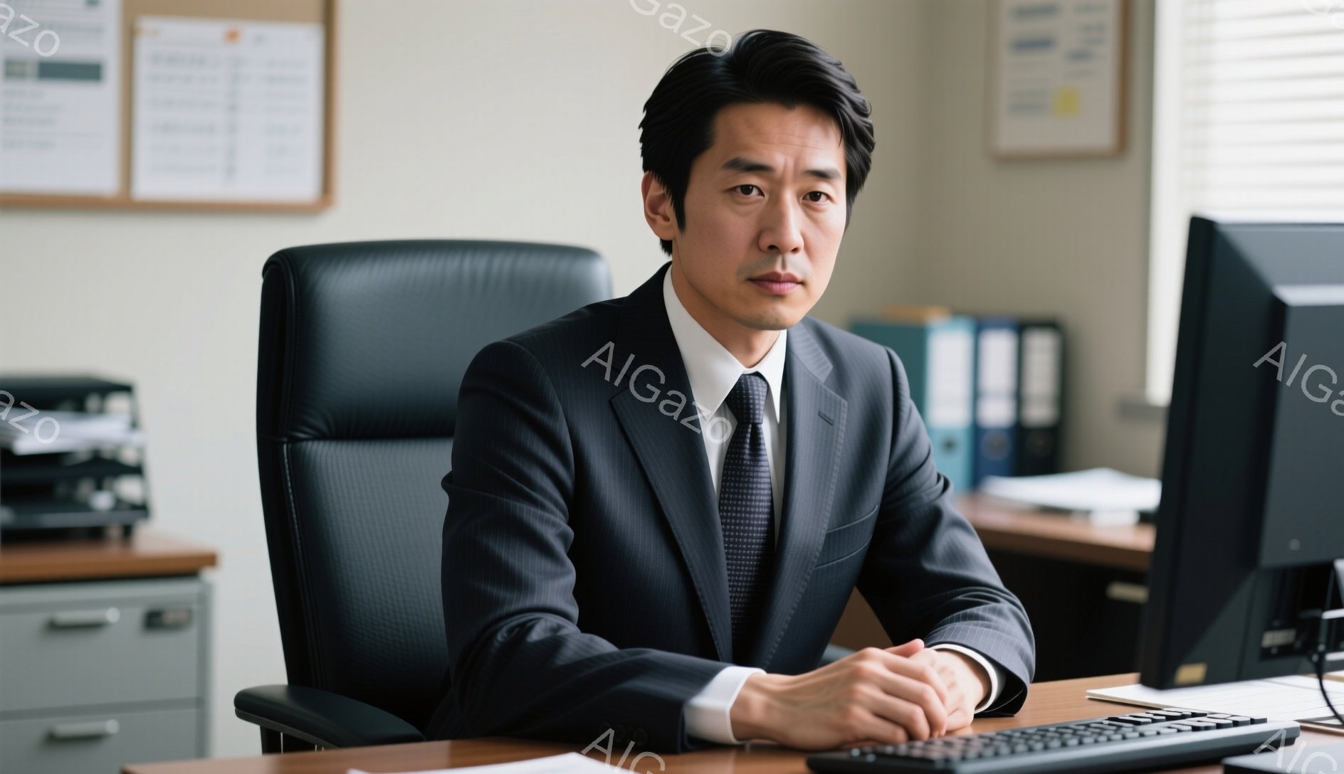 スーツとネクタイを着用した男性が、オフィスで椅子に座ってこちらを見ています。彼は真剣な表情で、両手を重ねて机の上に置いています。背景にはキャビネットや書類、そして壁に貼られたメモなどが写っており、全体的に落ち着いた雰囲気のオフィス空間です。