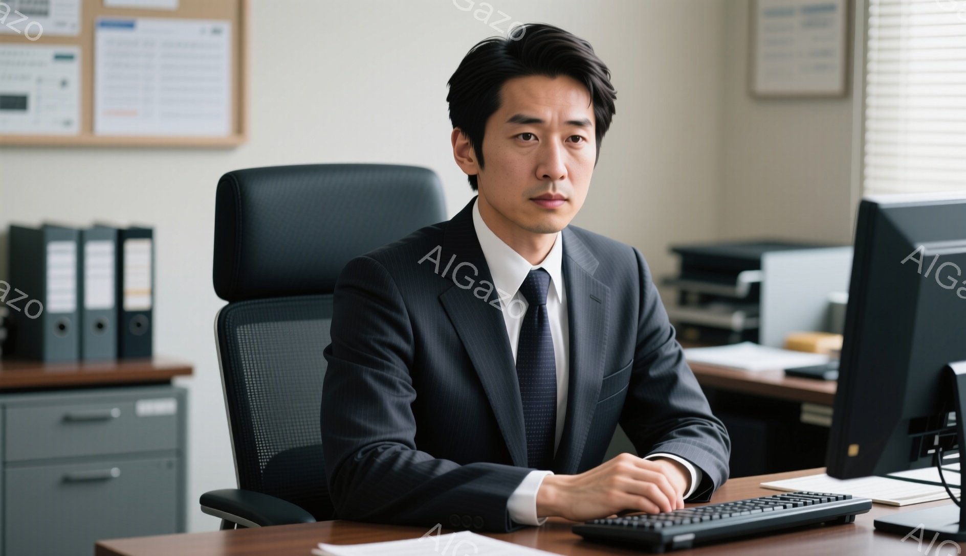 スーツとネクタイを着用した男性が、オフィスで椅子に座ってこちらを見ている。彼は真剣な表情で、手はテーブルの上で組んでいる。背景には書類やパソコン、キャビネットがあり、全体的に落ち着いた雰囲気のオフィス空間が広がっている。