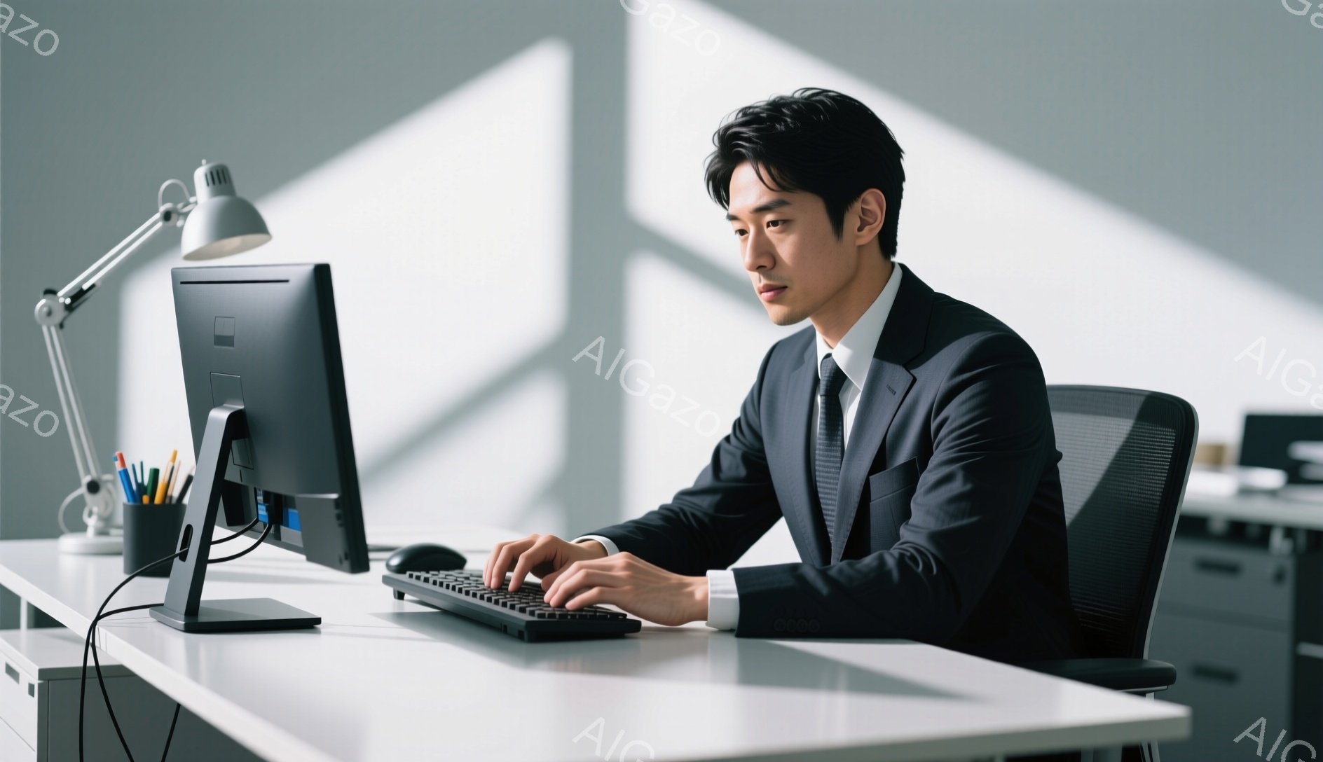 スーツとネクタイを着た男性が、オフィスでパソコンに向かってタイピングしている様子が写っている。彼の髪型は短く整えられ、表情は真剣で集中している。背景にはシンプルなオフィスのデスクと椅子、そして間接照明が見え、全体的に落ち着いた雰囲気である。