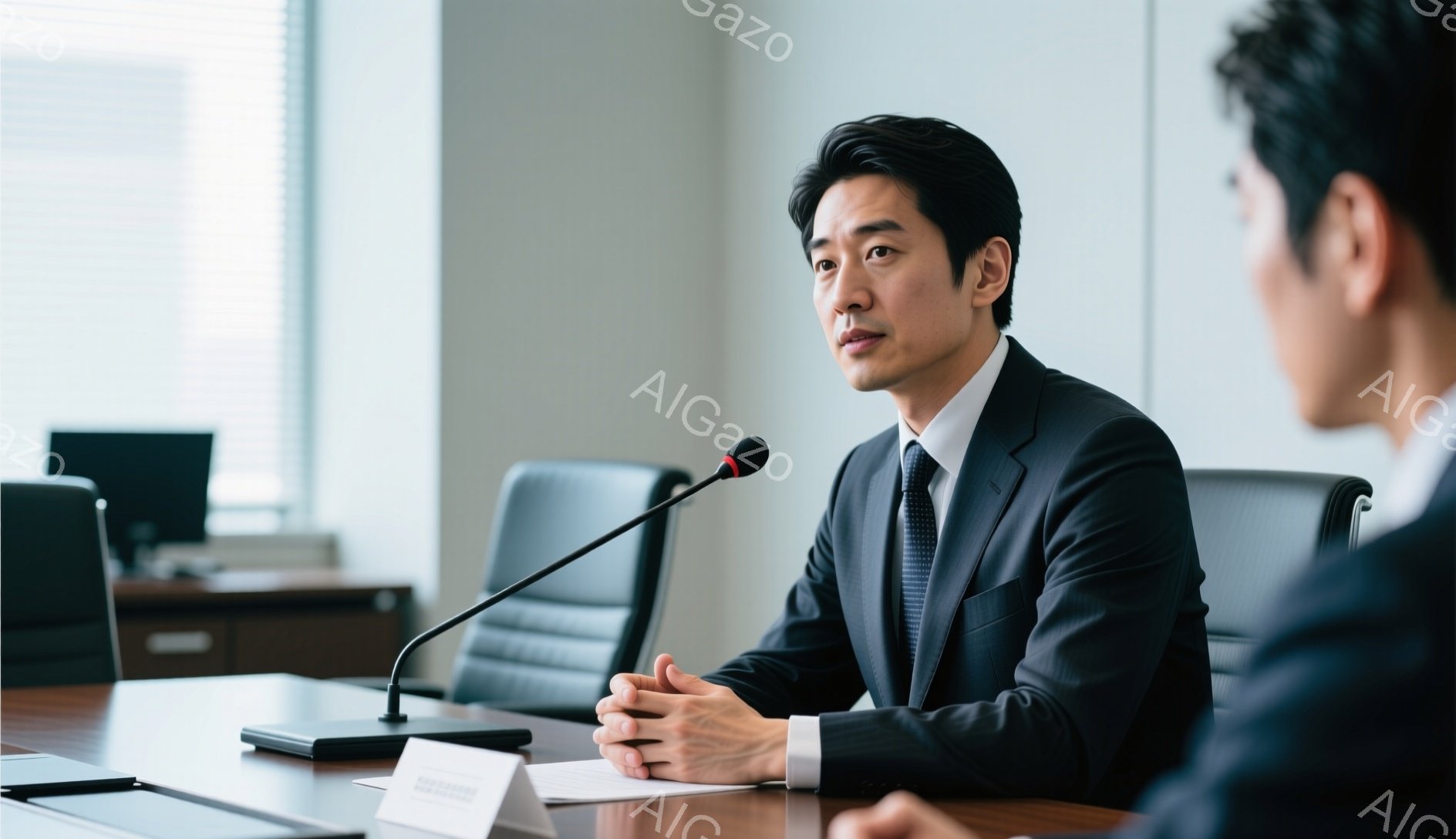 画像には、ネクタイと濃いグレーのスーツを着た、手前に向かって少し微笑むアジア系の男性が写っている。彼は両手を重ねてテーブルに置き、話し中であることがわかるマイクの前に座っている。背景は洗練された会議室で、木のテーブル、椅子、そして遠くの現代的な建物が見える。