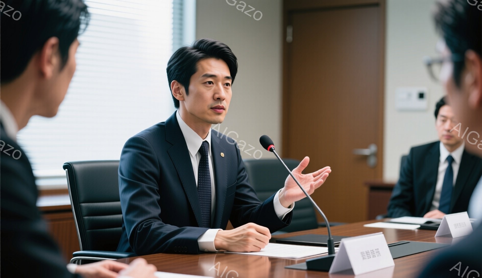 会議室のテーブルを囲み、スーツ姿の男性たちが座っています。中央の男性は青いネクタイと白のシャツを着ており、片手を広げて何かを説明しているようです。背景には木製のテーブルと白い壁があり、ビジネスライクで真剣な雰囲気が漂っています。