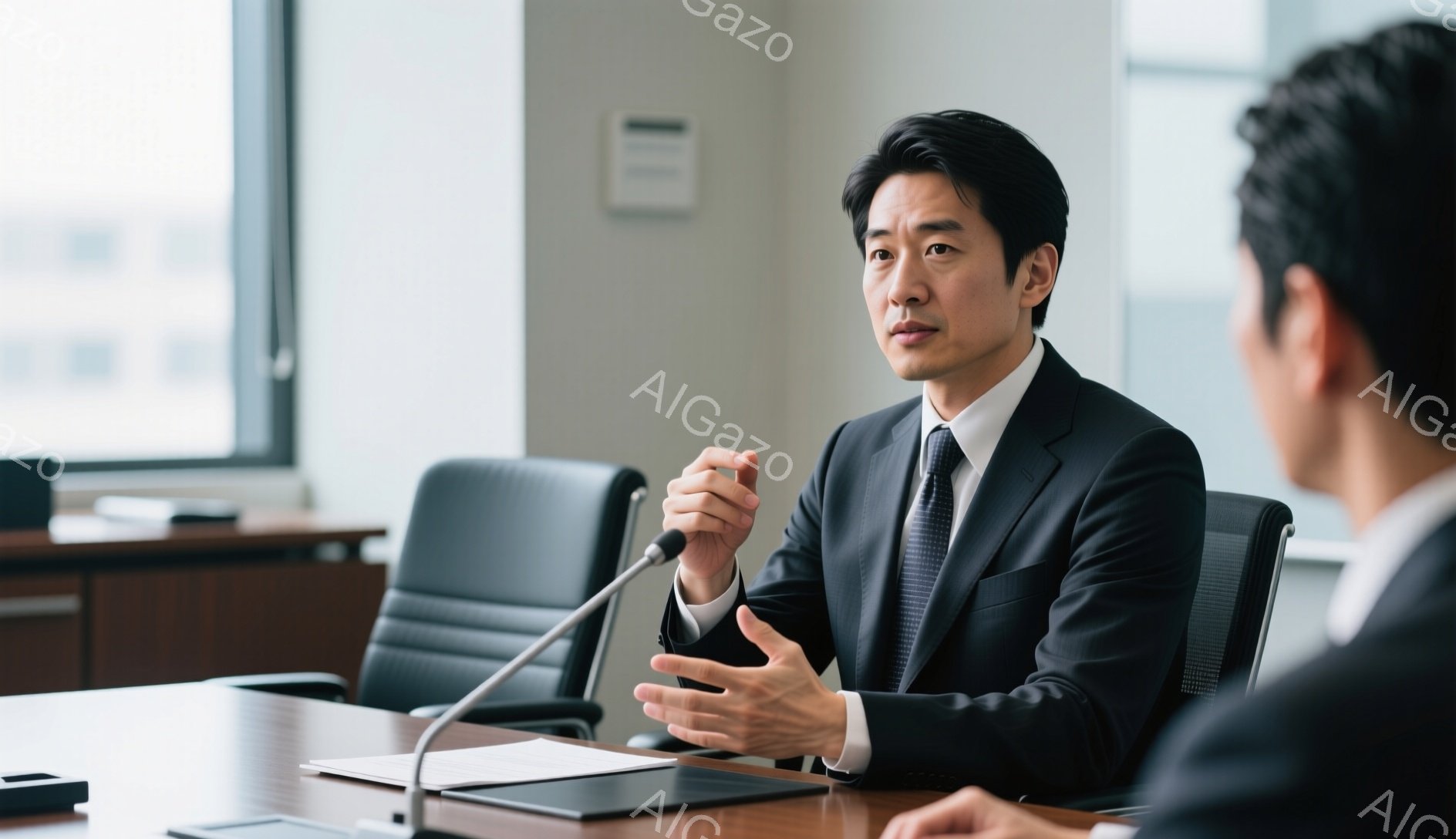 画像には、スーツ姿の男性がテーブルを挟んで誰かと対面している様子が写っています。彼は黒いジャケットとネクタイを着用し、髪型は短髪で、何かを説明するかのように身振り手振りをしています。背景には大きな窓があり、オフィスらしき室内で、フォーマルで落ち着いた雰囲気が漂っています。
