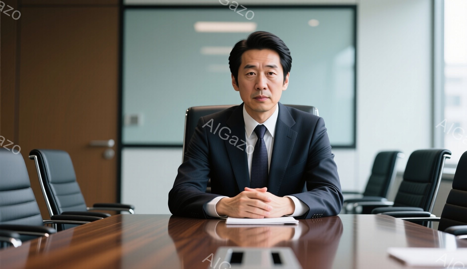 深い青色のスーツにネクタイを締めたアジア人男性が、会議室の長いテーブルの前に座っています。彼は両手を組み、穏やかで自信に満ちた表情を浮かべており、髪型は短く整えられています。背後には他の椅子が並び、窓の外にはモダンな建物が見え、全体的に落ち着いた雰囲気のビジネスシーンです。